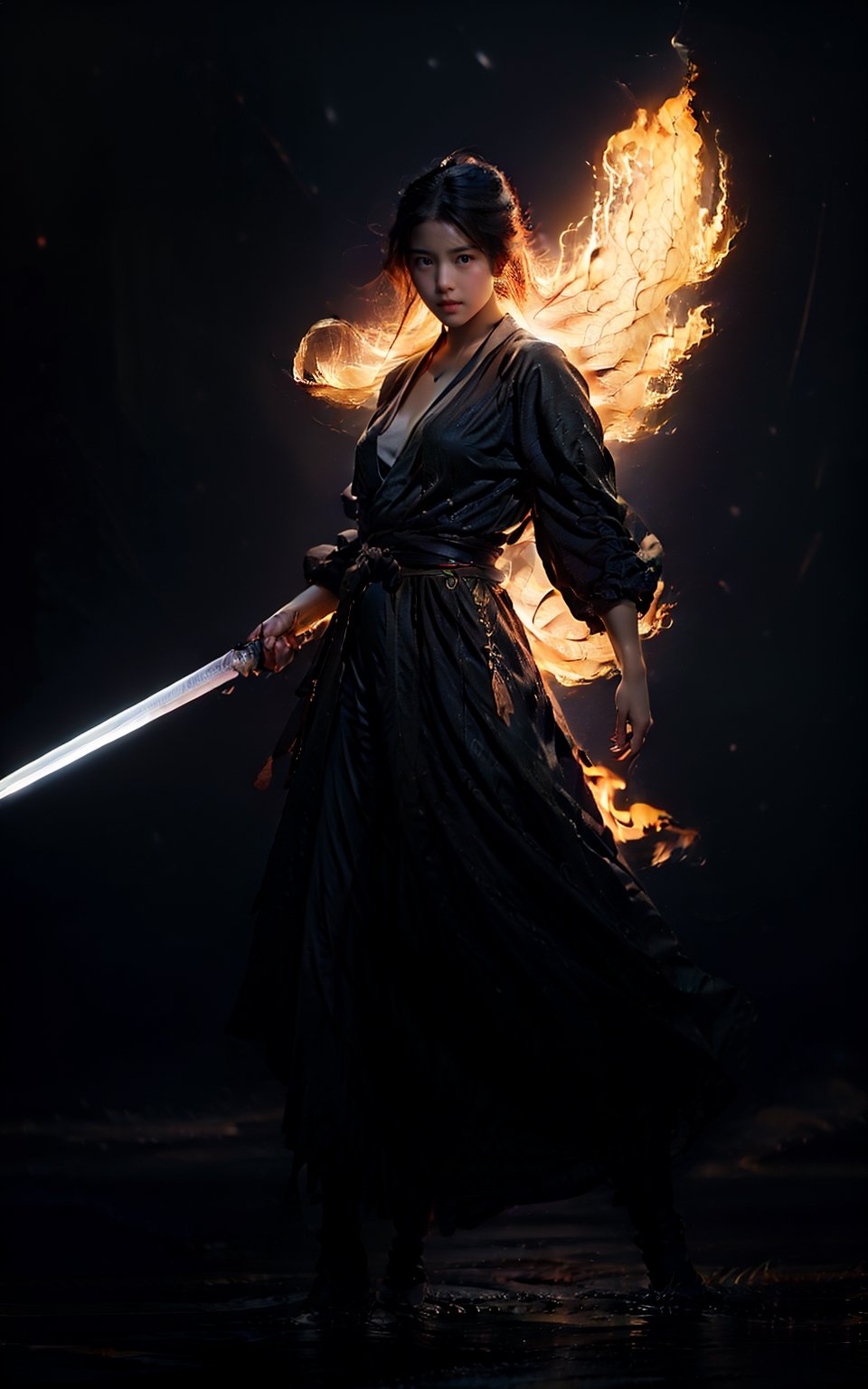 masterpiece, best quality, 32k uhd, Epic CG masterpiece, hdr, dtm, 64K, 00 renderer, stunning colors, 3D rendering, cinematic lighting effects, visual impact, looking at viewer, dynamic poses, surreal, futurism, concept art, super wide Angle, HD, jianxian, 1girl, (holding fire sword), full body, ( glowing:1.7), (simple background:1.8), black background, night sky,blue fire, blue flame, exquisite facial features, super delicate face, (best fingers:1.2),female