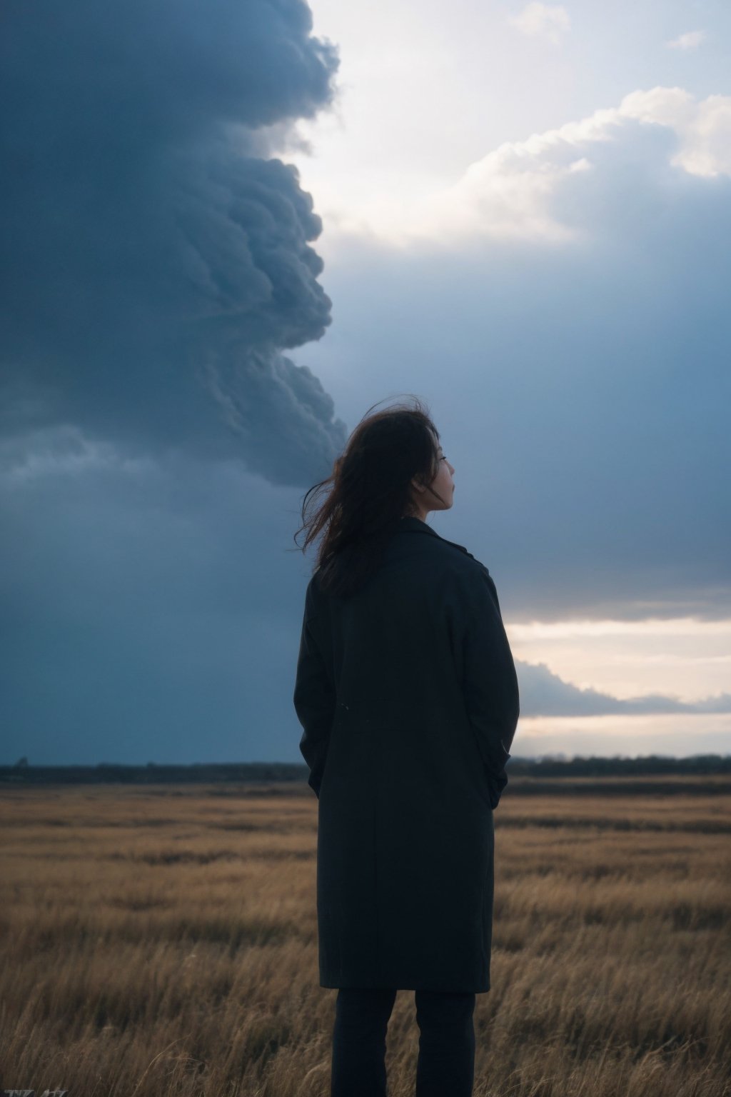  Picture a vast grassland where a girl stands,her expression emotionless,eyes fixed on the horizon where a storm brews under a gloomy sky. The strong winds set her hair into a wild dance,adding dynamism to the somber scene. The distant storm seems to mirror her inner turmoil,creating a narrative that's haunting yet beautiful. As the storm draws nearer,one wonders about the thoughts swirling in her mind. This photo,captured in the style of award-winning photographer Yousuf Karsh with a Hasselblad H6D-400c and a 90mm lens,features dramatic and cinematic lighting. The image is in 8K,ultra-HD,super-resolution,offering a glimpse into a moment of intense emotion and natural power,.((poakl)),
