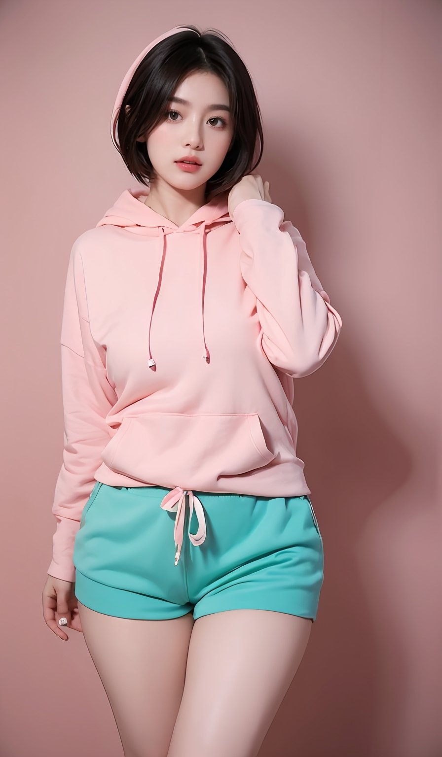 21yo girl, green hair, (pink Hoodie), (Short Hair). Cyan background, (Wear Hot Pants). ((Big Thigh)), (Plump Body).