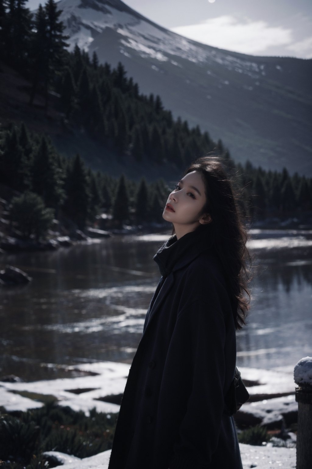 (Not looking at the audience: 1.5),scarf,portrait of 1girl by Bill Henson,Black Cashmere coat,masterpiece,best quality,highres,2girls,flora,snowing,bokeh,low contrast,sharp and in focus,(art by Chris Friel:1.2),(night),sad,melancholy,drillhair,wind,cinematic_angle,(cinematic tone:1.2),mountaintop,cowboy shot,floating hair,rule of thirds,ice lake, linzhiling
,Neon Light