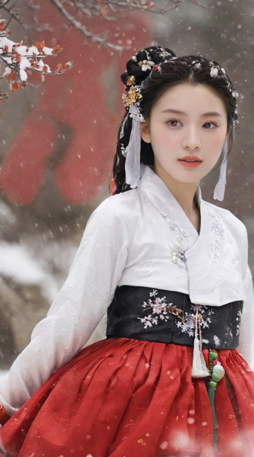  1girl,half,(Masterpiece:1.29), best quality, arien_hanfu, 1girl, (falling_snow:1.33), looking_at_viewer,(big breasts:1.63), hand101, hanbok,
