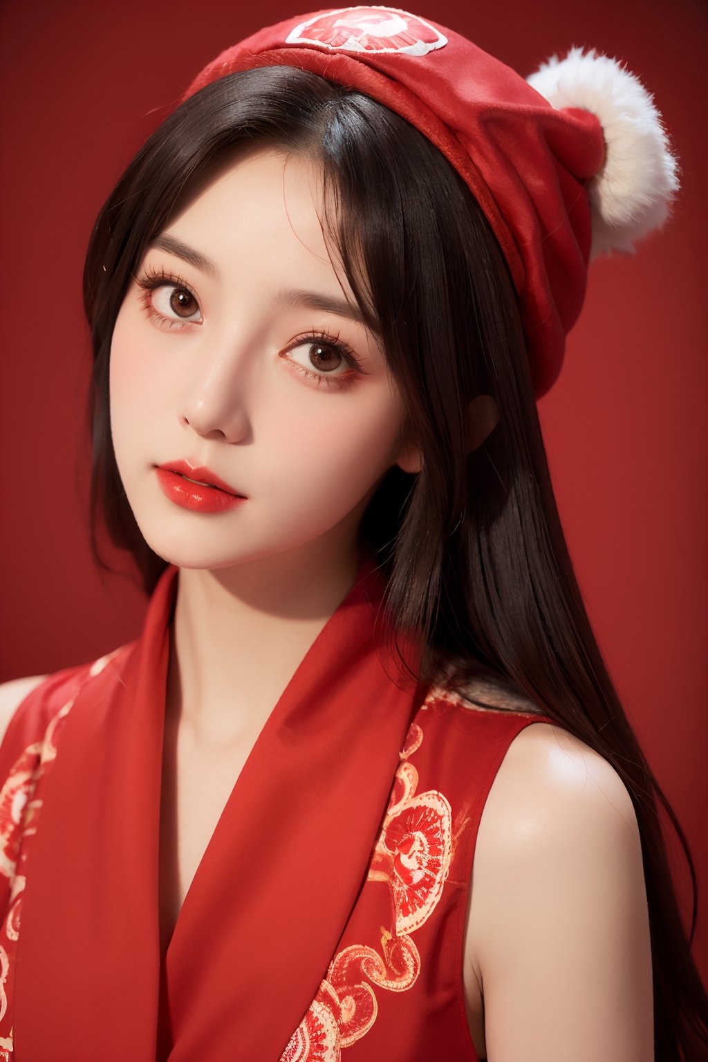 masterpiece, best quality, 1girl, red background, black hair, Long curly hair, face front, ((red fashion silk lone costume with red swirling vortexes pattern)), ((Red Plush Fur Hat)), emotional face, (close up portrait), make up, studio light, photostudio