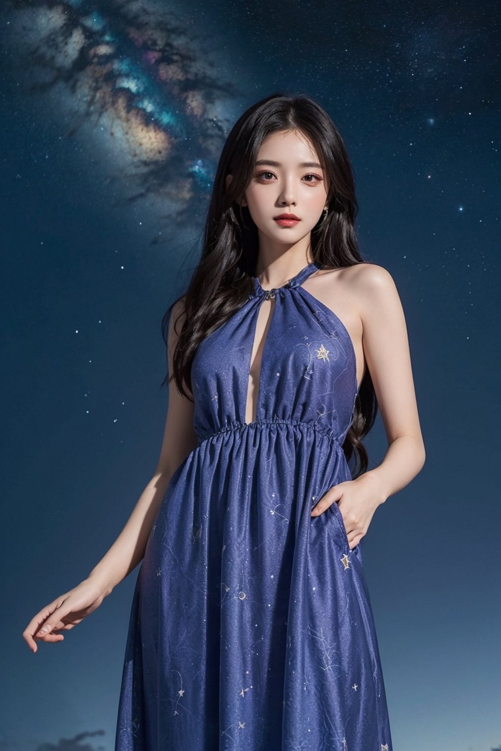 (((masterpiece, best quality))), ,1girl,long dress,blue purple theme,((universe Sky Theme Pattern clothes)),

