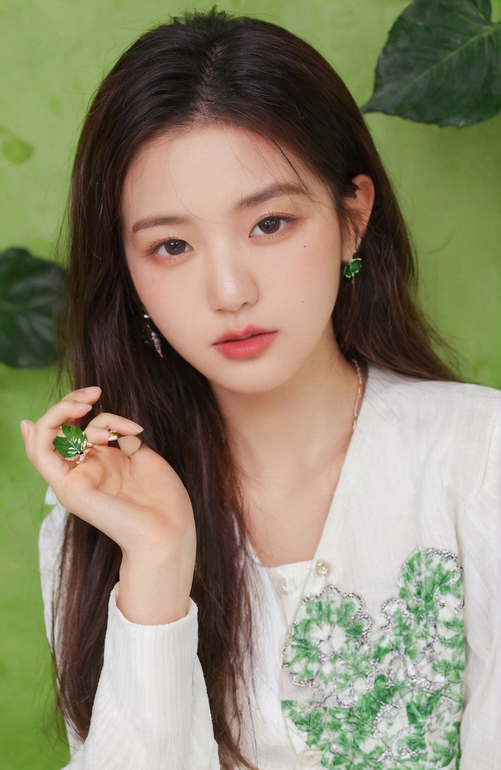 xxmix_girl,a woman with a ring on her finger and a green leaf behind her head and a green background with a green leaf,wonyoung