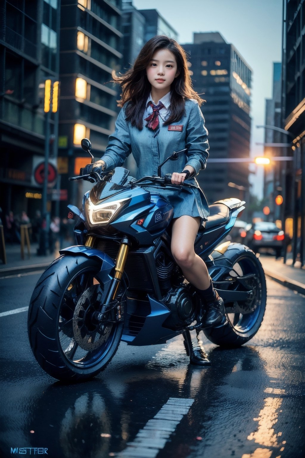 masterpiece, highly detailed photorealistic 8k raw photo, best cinematic quality, volumetric lighting and shadows, 
1girl(school uniform), on ((Chambray Blue sprbk)), futuristic cityscape, macro shot,ftsbk