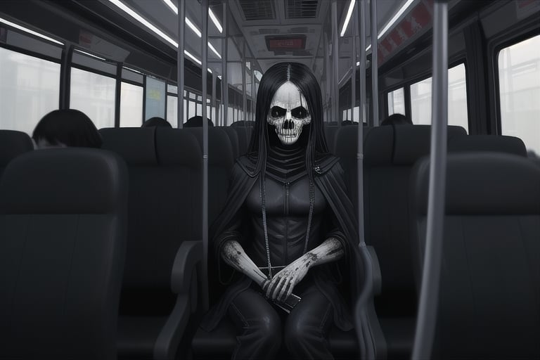 
The background pattern is a black night, with a woman with long hair shawl wearing a death suit and holding a death scythe. Sitting on the bus and looking at the bus driver,
Increase the horror and thriller atmosphere