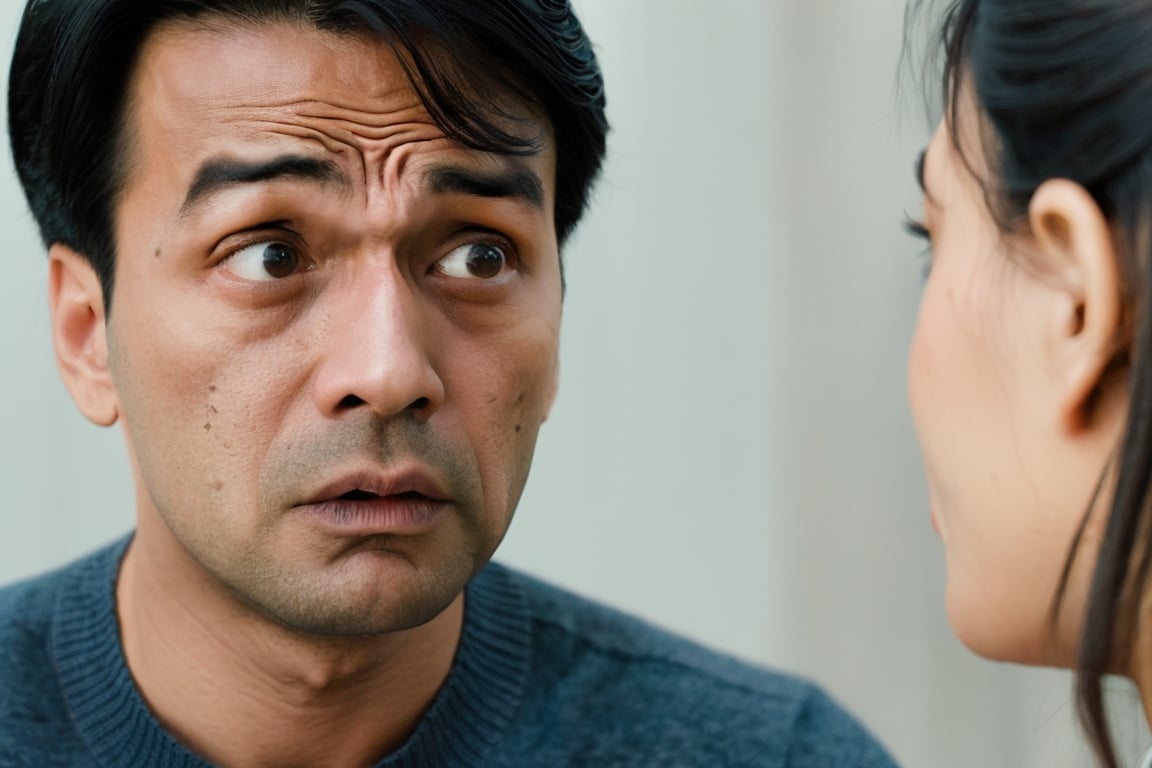 A man looks at a woman with a worried expression. The woman's facial expression looks very painful.