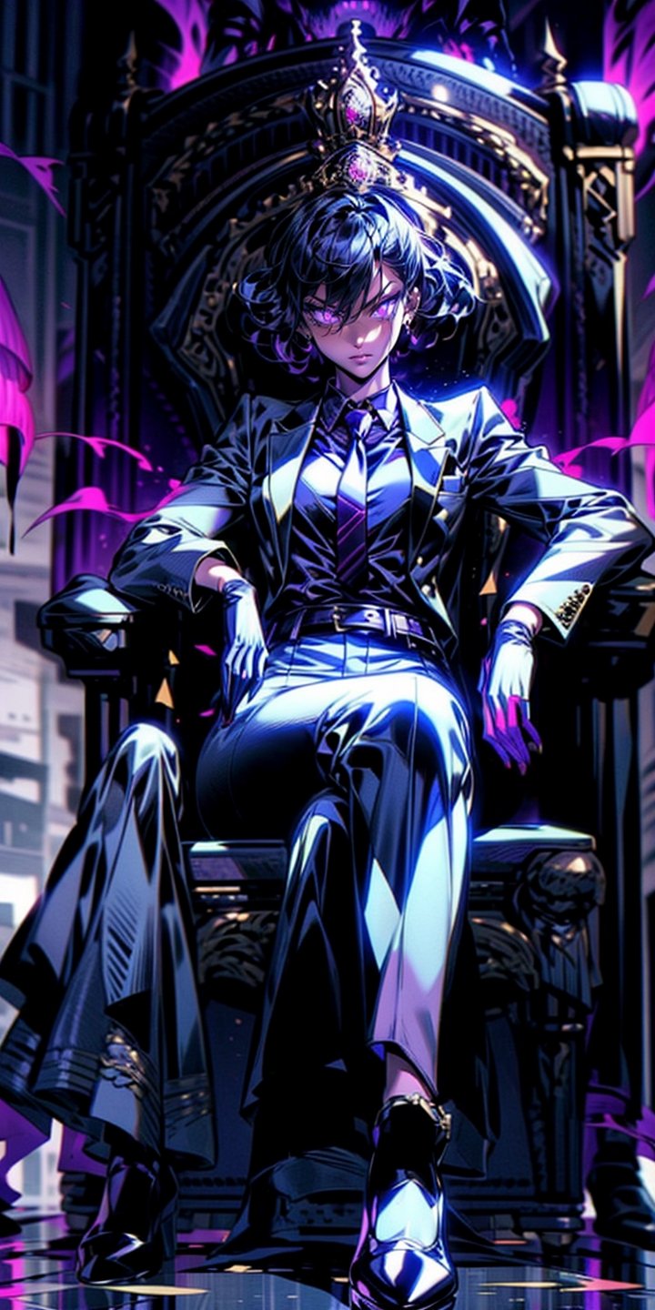 EpicGhost,  solo,  looking at viewer,  short hair,  black hair,  gloves,  1girl ,  sitting,  jacket,  full body,  female focus,  necktie,  shoes,  belt,  pants,  black footwear ,chair,  formal, elegent suit,  glowing eyes,  monster, long curly hair ,  throne, purple theme