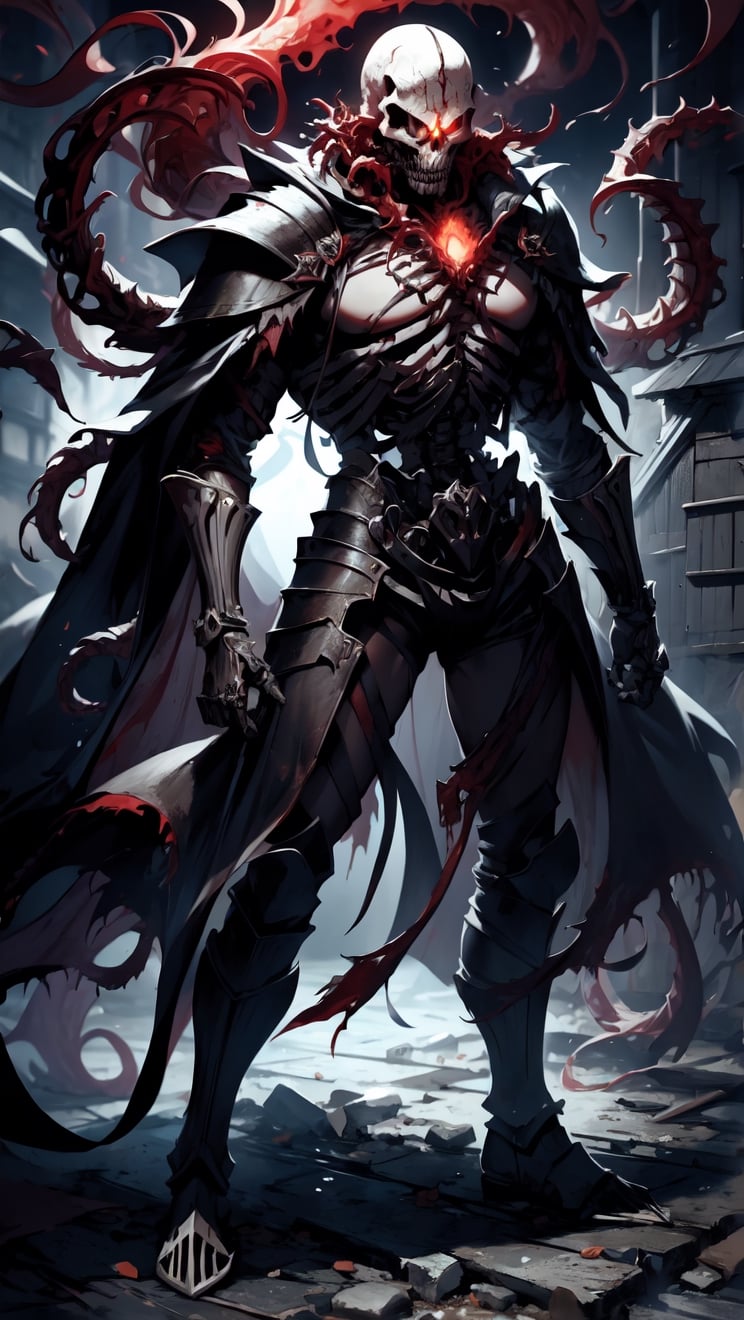 Skeleton Warrior 
wearing black Full Body Armor 
Warrior's Cape
Immiting Red smoke from body 
Full body shot 
Standing 
,rage,dreadtech 