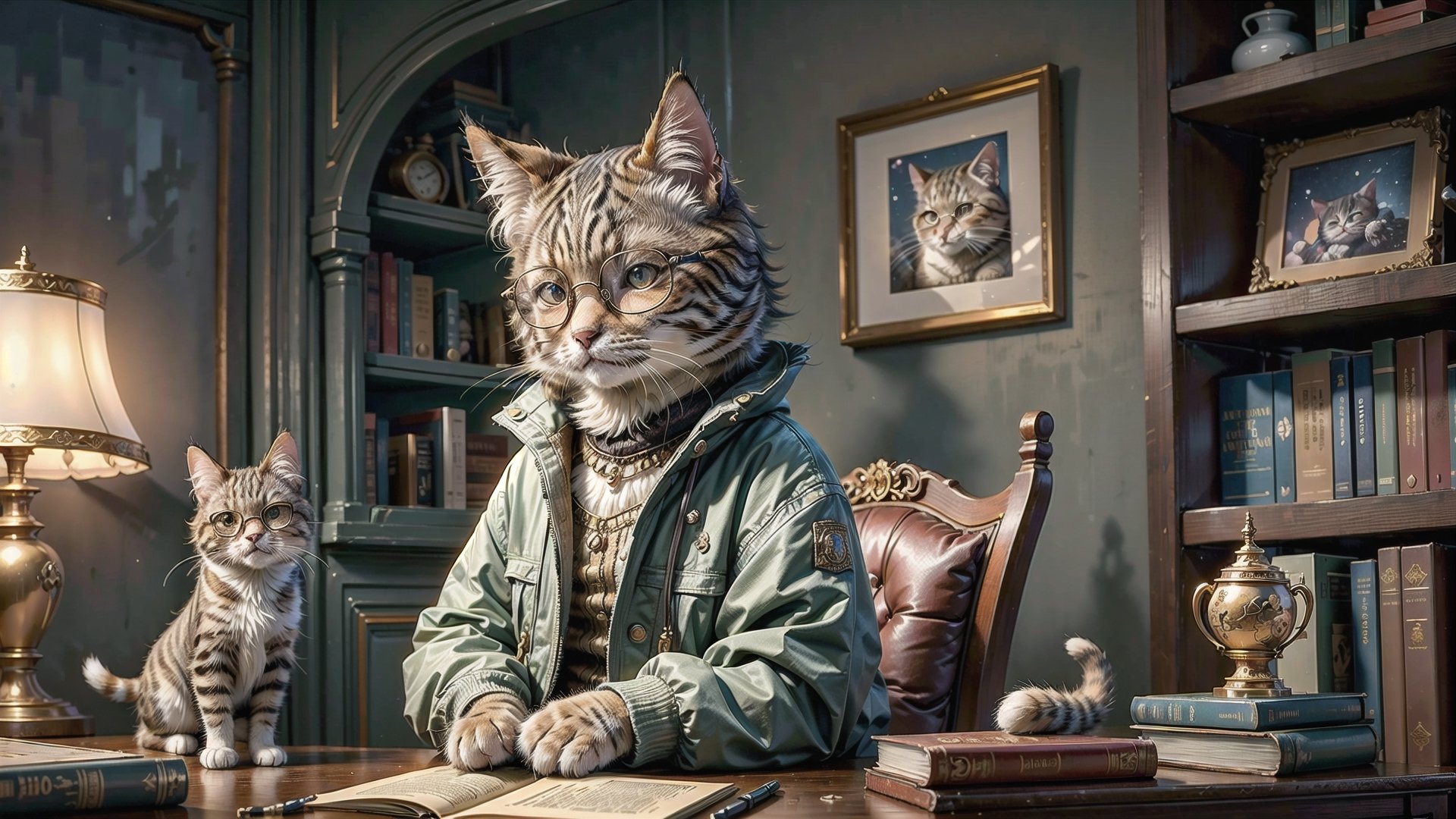 Envision an adorable and playful scene: A cat sits in front of a bookshelf, adorned with glasses and a vintage jacket, resembling an intellectual little princess,cat,hmnzct