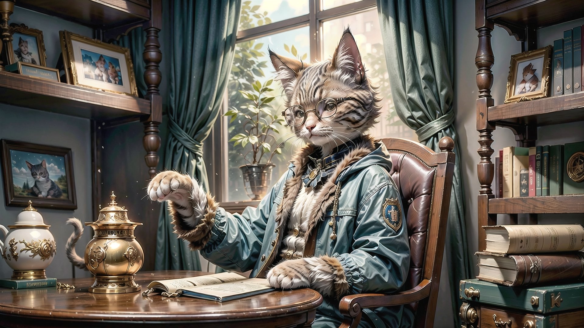 Envision an adorable and playful scene: A cat sits in front of a bookshelf, adorned with glasses and a vintage jacket, resembling an intellectual little princess,cat,hmnzct