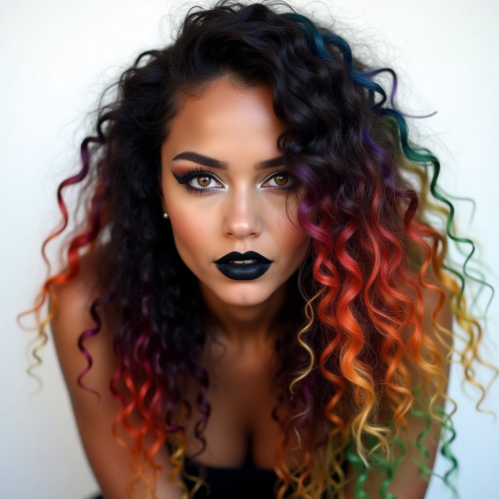 A close-up shot of a solo female figure, her facing directly towards the camera. She sits in front of a crisp white background, her gaze locked onto the viewer with an enigmatic intensity. Her long, lush curly hair cascades down her back like a rainbow-colored waterfall, perfectly framing her face. Multicolored hues dance across her locks as she wears bold makeup, featuring parted lips painted black and lined with dramatic eyeliner.