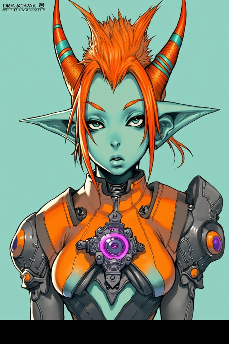 Tiefling, intense eyes, three pointed orange horns with teal horizontal line, orange and teal tendril hair, teal skin, and orange and gray mecha-like armor with teal and a purple chest gem,

The word "DRAUKA" is written in a bold font at the top left of the image
ct-pop2,cyberpunk