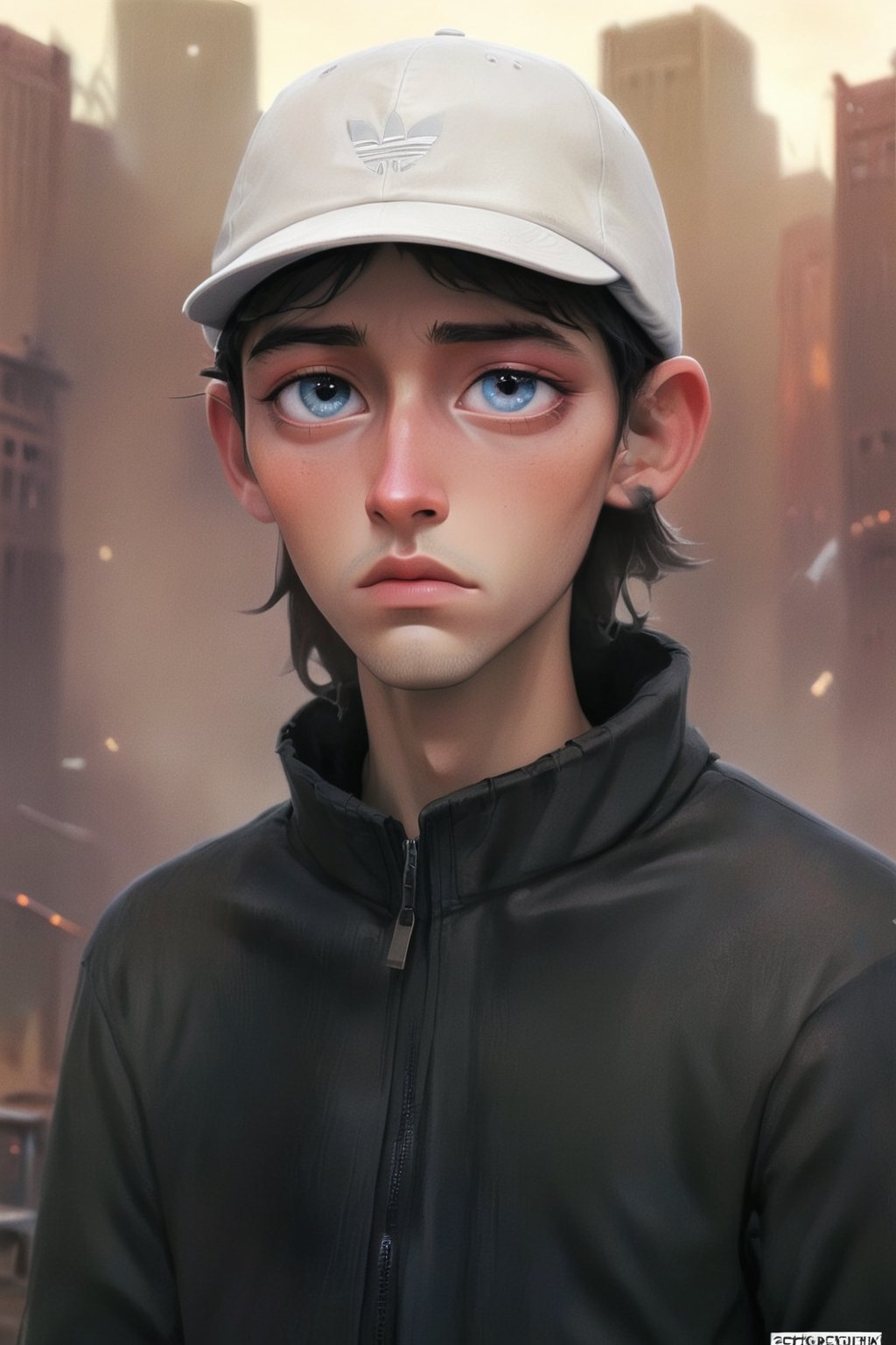 dystopian style,  beautiful (A guy in a black adidas sports jacket and a white baseball cap),  against the background of t...
