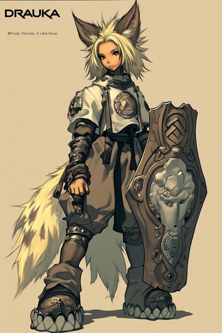 Neko with brown ears and tail wearing a sturdy shirt and pants with blonde layered hair and is holding a shield,

The word "DRAUKA" is written in a bold font at the top left of the image
ct-pop2,cyberpunk