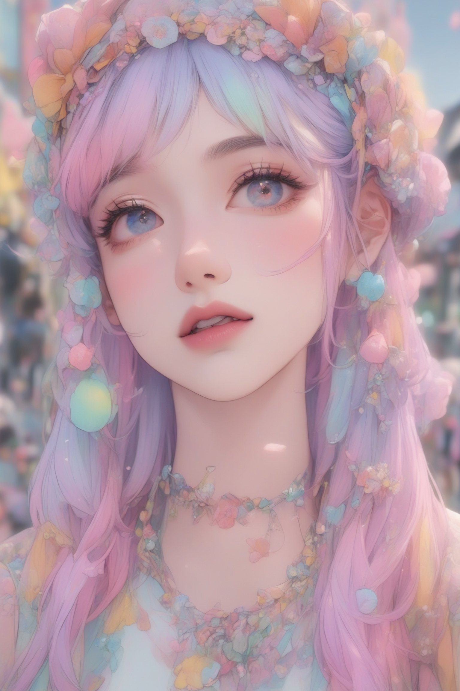 1girl kawaii intricate Harajuku fashion, pastel dyed hair, kawaii headband, 24mm, 4k textures, soft cinematic light, adobe lightroom, photolab, hdr, intricate, highly detailed, sharp focus, soothing tones, insane details, intricate details, hyperdetailed, low contrast, soft cinematic light, 3d, K-Eyes,K-Eyes