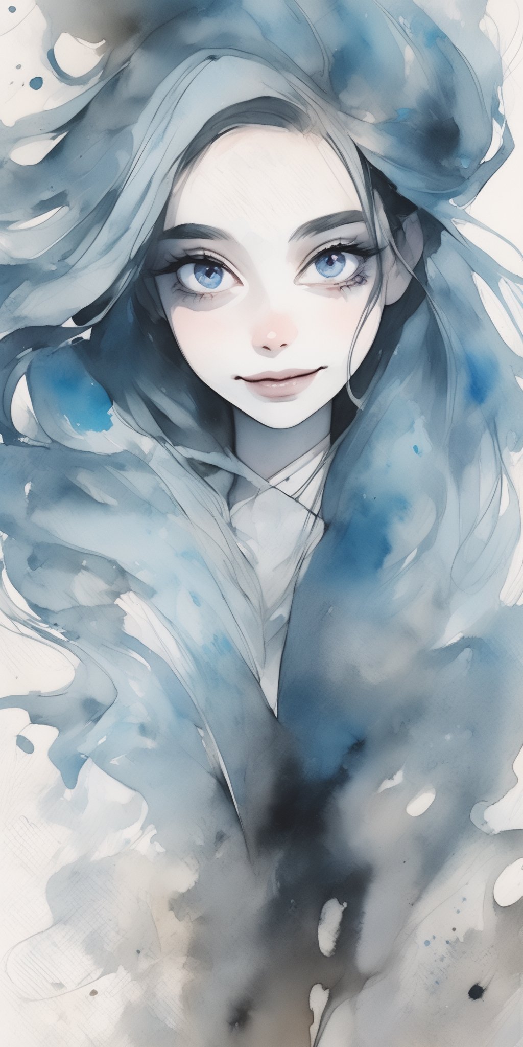 extremely beautiful anime girl, 25 yo, cyan_body, full body, in the style of nicola samori, blue eyes, long dark hair, smiling at viewer,dramaticwatercolor,K-Eyes