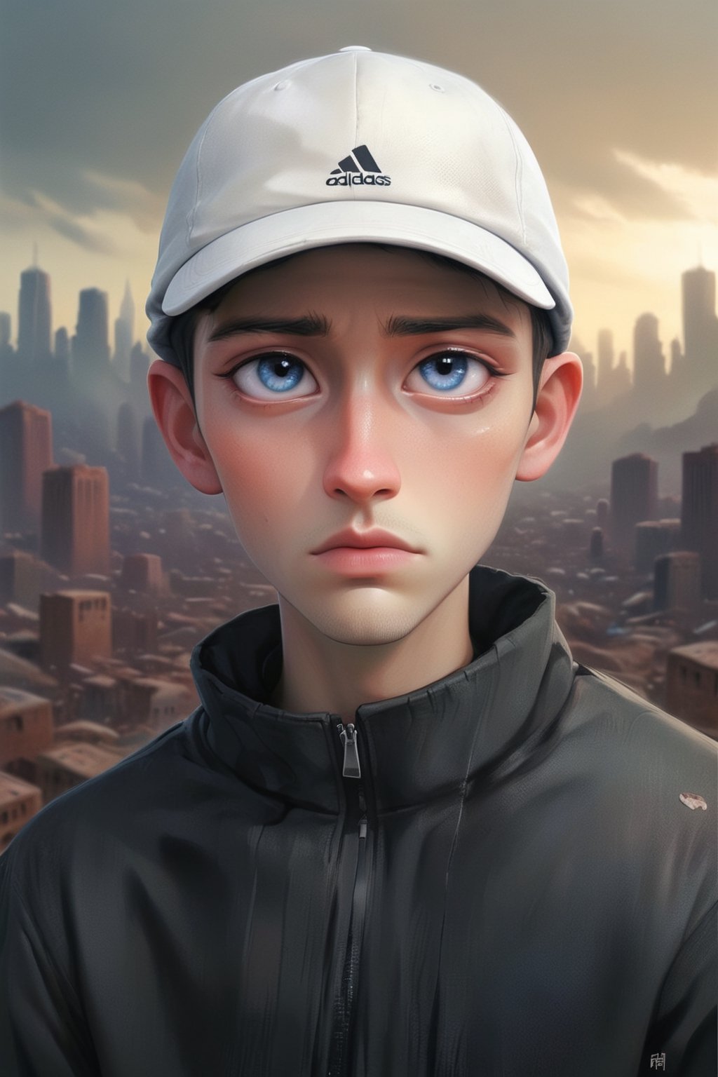 dystopian style,  beautiful (A guy in a black adidas sports jacket and a white cap),  against the background of the city b...
