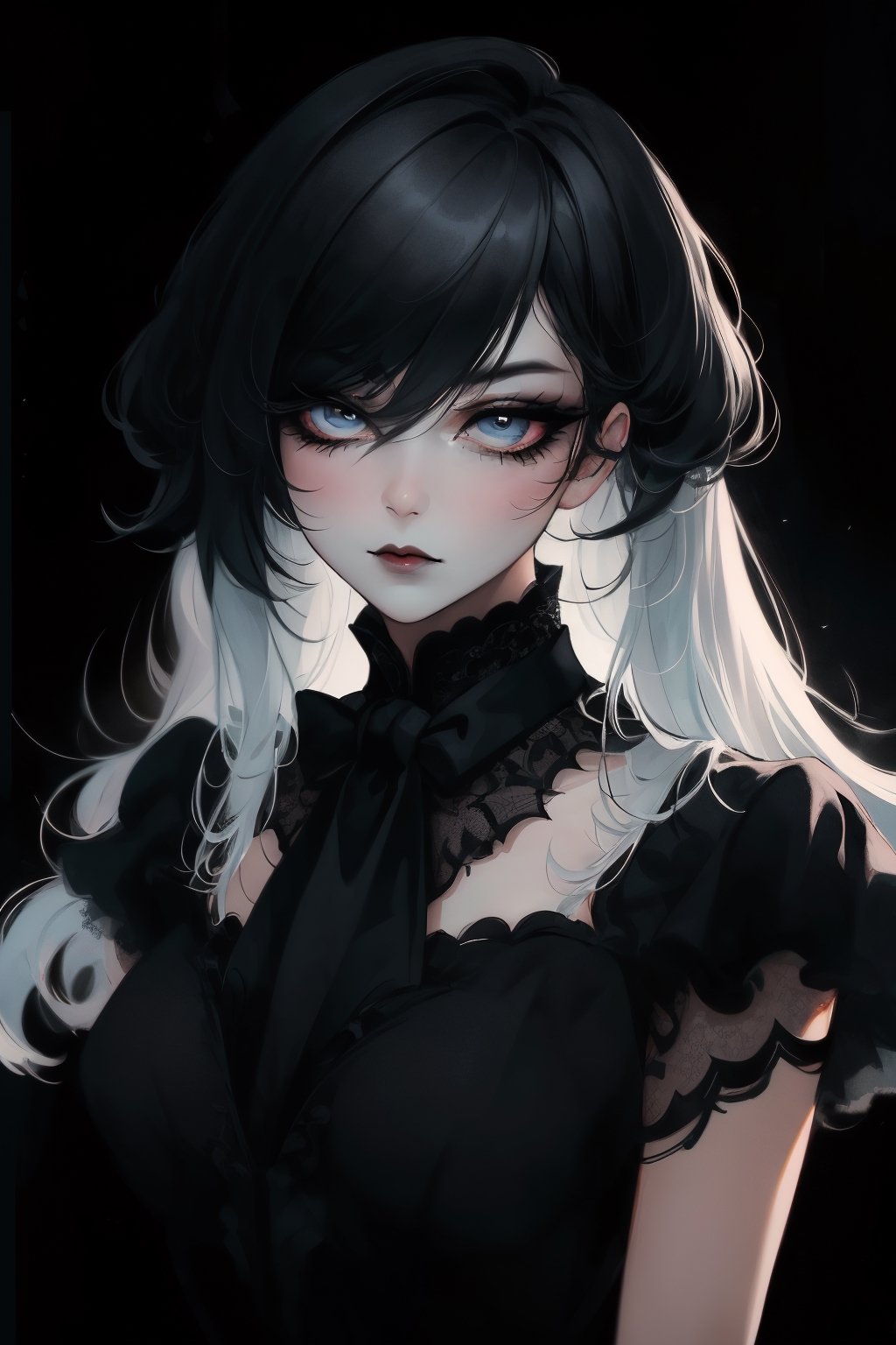 Minimalist painting, portrait of gothic girl, looking at viewer, sexy, slender body, black lace dress, tulle, full black lips, eye drawing, tuxedo eyes, long fluffy lashes, in the style of esao andrews, K-Eyes