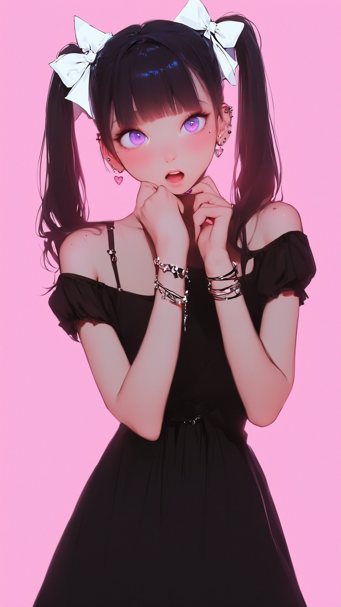 STICKER ON A WHITE BACKGROUND. green holographic silhouette, knee socks.
1girl, solo, long hair, looking at viewer, blush, open mouth, bangs, simple background, black hair, dress, bow, ribbon, twintails, jewelry, purple eyes, upper body, short sleeves, hair bow, heart, earrings, blunt bangs, nail polish, mole, :o, black dress, bracelet, mole under eye, piercing, pink background, white bow, ear piercing, shoulder cutout.
photo shoot, photo_realism, motion blur, nuance.
(dynamic view, photoshoot, golden hour, warm sunset lighting, shadows and dynamic lighting, soft lighting), dynamic view, splitter effect, waifu. Stylish. Cute, hot, shiny. Highly detailed uhd wallpaper, cel digital animation

,neon photography style, K-Eyes, score_9, score_8_up, score_7_up, score_6_up, score_5_up, score_4_up, just describe what you want, tag1, tag2,perfect eyes,detailed skin,skin blemish