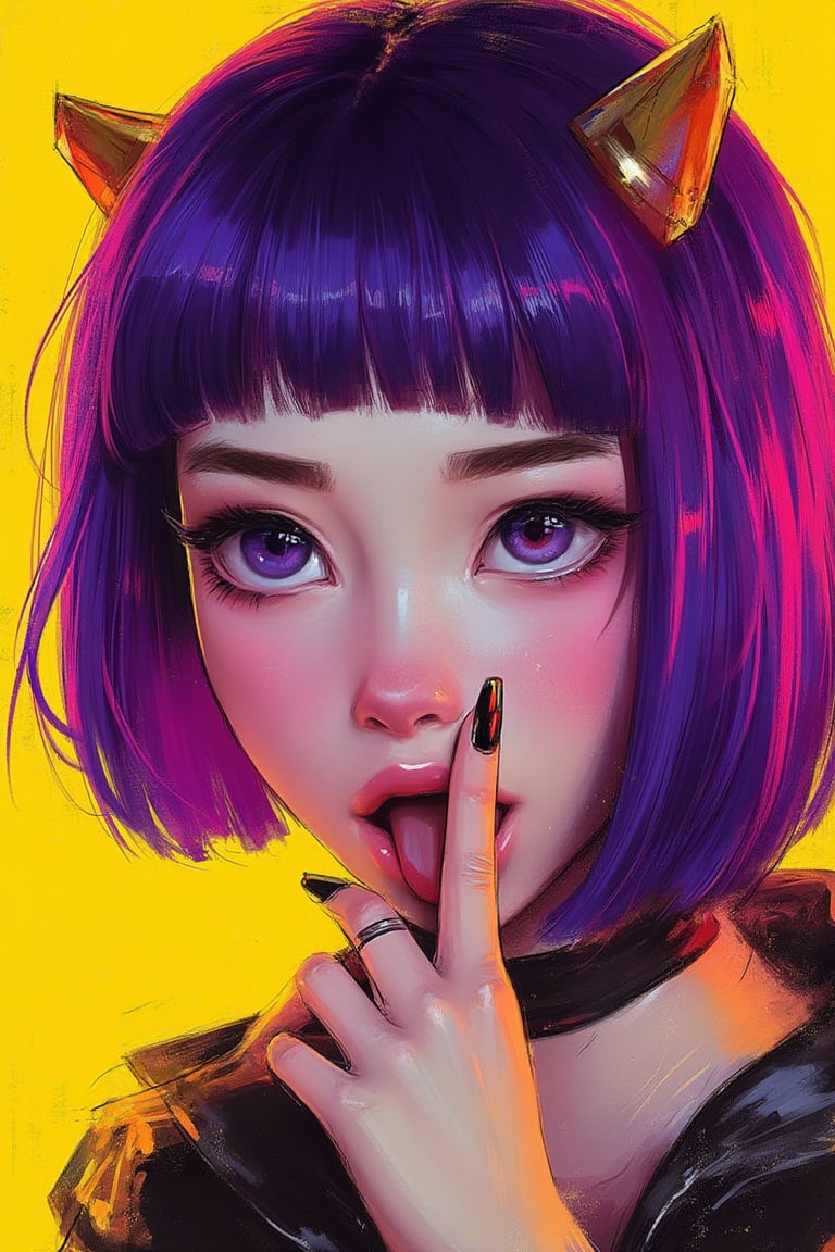 hntdlnwrk style, aesthetic, mad-vprwv cyberpunk,

A digital art painting of a woman, core_9,score_8_up,score_7_up,score_6_up, 1girl, solo, tongue, purple eyes, tongue out, bangs, looking at viewer, makeup, black nails, short hair, purple hair, fang, portrait, nail polish, bob cut, eyeliner, close-up, oni horns, yellow background, eyeshadow, eyelashes, short eyebrows, fingernails, blunt bangs, open mouth, finger to mouth, thick eyebrows.

neon, vaporwave.

art, colored pencil, sketch, painting, paper texture,art_solyanka,SKP-highly detailed,SamYoung_Illustration,fluxtration