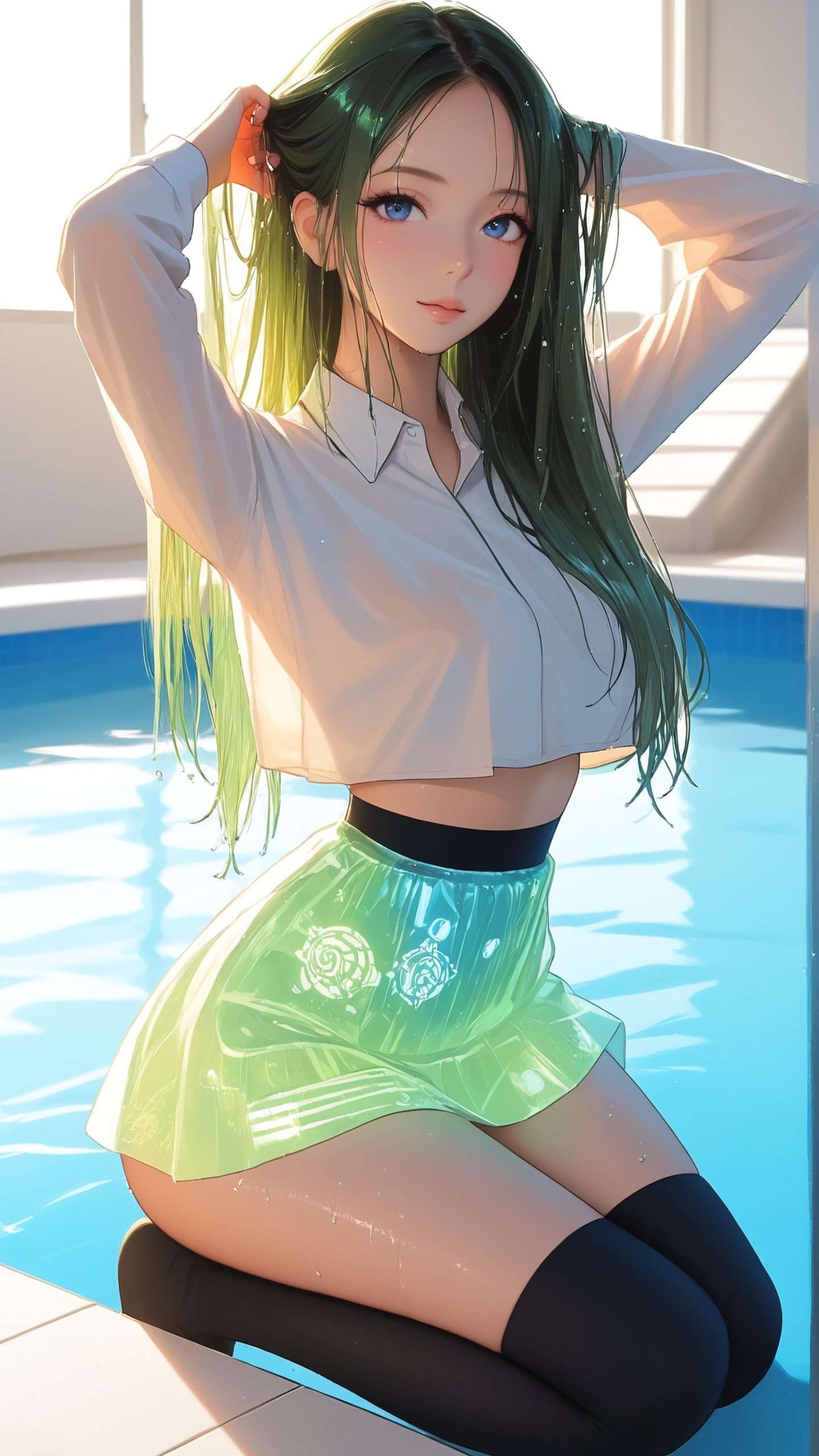 STICKER ON A WHITE BACKGROUND. green holographic silhouette,  knee socks. 1girl,  black long hair by Drauka on Tensor.Art