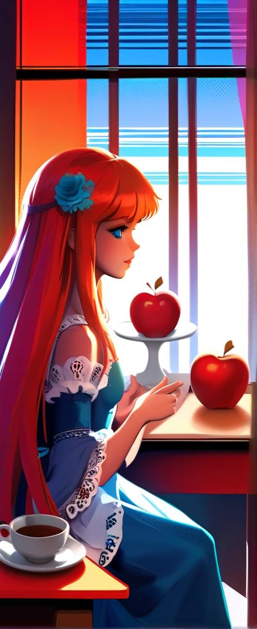 Craft a highly detailed UHD wallpaper featuring a solo girl with very long, multicolored hair, blue eyes, and bangs. She wears a blue dress with lace trim, frills, and puffy sleeves, sitting at a table holding an apple. The scene captures her in a dynamic view with a splitter effect, styled in a retro artstyle with halftone effect. The lighting is cinematic, using two-tone lighting and warm sunset lighting during golden hour, with soft lighting, shadows, and dynamic lighting. The image is rendered in Octane Render with HDR, anisotropic filtering, depth-of-field, and maximum clarity and sharpness, resembling an analog 8mm film with chromatic aberration and DVD screengrab.