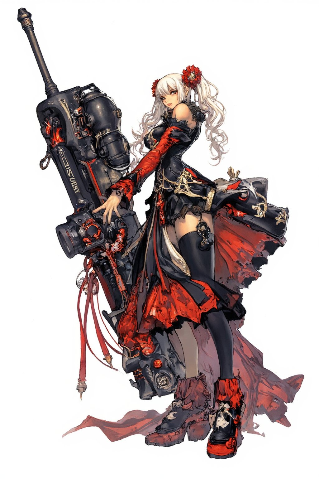 1girl,Anime-style illustration of a fierce young woman, wielding an enormous gatling gun, Character: dual-colored hair, (white and gold twintails), red flower accessories,Outfit: black and red dress with goth-inspired details, thigh-high boots. Expression: determined, slightly cocky smile,Pose: dynamic, holding massive weapon, body turned slightly,
Gatling gun: oversized, futuristic design. Black metal body with red accents and glowing parts. Multiple rotating barrels, complex mechanical details. Gun larger than the character herself,
Color scheme: primarily black and red with white accents,Style: highly detailed anime art, clean lines, emphasis on mechanical designs. Background: plain white, focus entirely on character and weapon.
Additional details: red ribbon-like elements flowing from dress and gun, intricate patterns on clothing and weapon, slight metallic sheen on gun parts. Overall impression: powerful, stylish fusion of traditional Asian aesthetics with futuristic weaponry.,Anime Style,fantasy girl,\mechako\, plasma gun