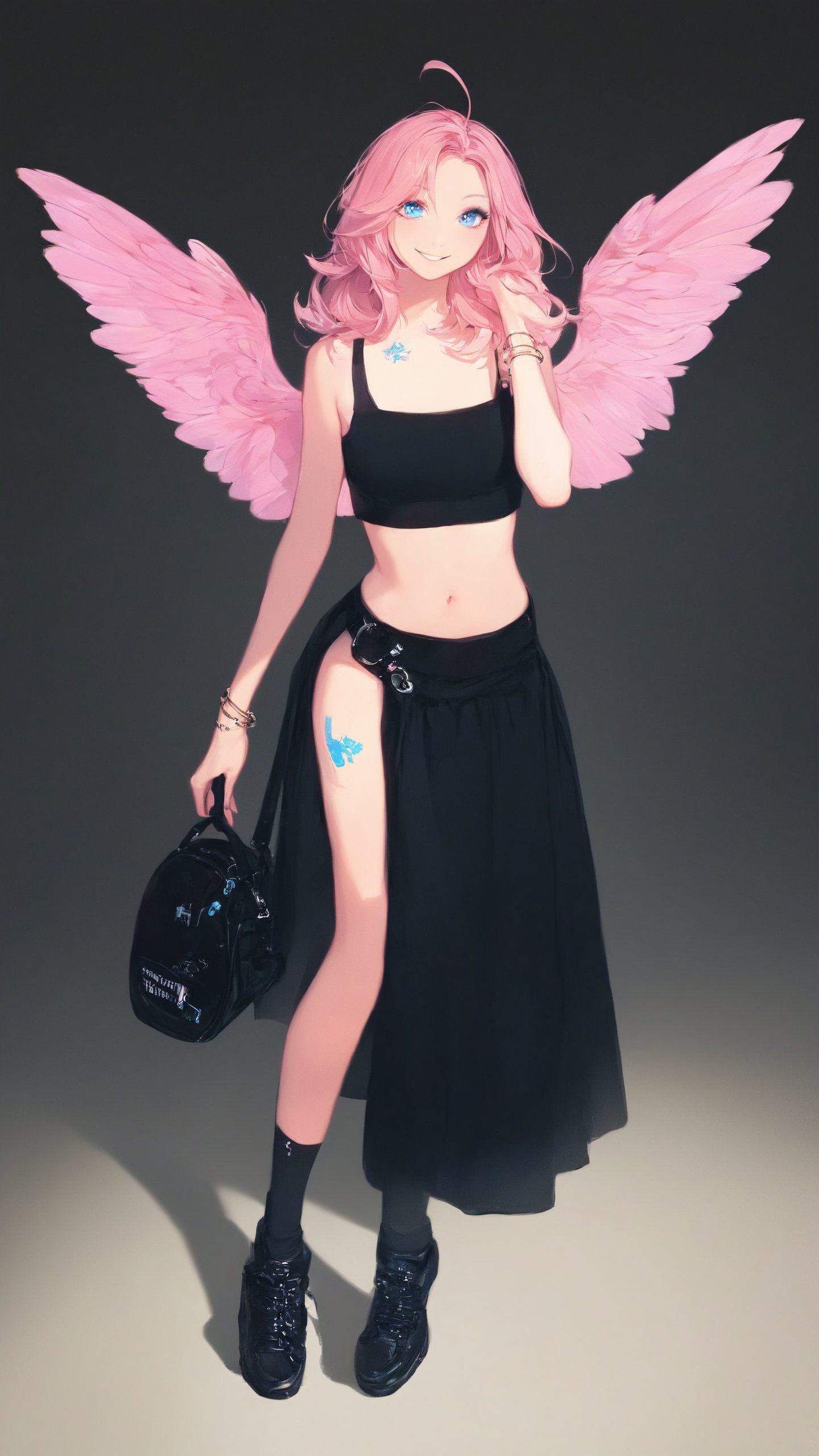 STICKER ON A WHITE BACKGROUND. green holographic silhouette, knee socks.
1girl, solo, long hair, breasts, smile, blue eyes, skirt, simple background, navel, jewelry, full body, pink hair, ahoge, wings, shoes, midriff, pants, bag, character name, bracelet, crop top, tattoo, makeup, leaning forward, black background, long skirt.
photo shoot, photo_realism.
(dynamic view, photoshoot, golden hour, warm sunset lighting, shadows and dynamic lighting, soft lighting), dynamic view, splitter effect, waifu. Stylish. Cute, hot, shiny. Highly detailed uhd wallpaper, cel digital animation

,neon photography style, K-Eyes, score_9, score_8_up, score_7_up, score_6_up, score_5_up, score_4_up, just describe what you want, tag1, tag2