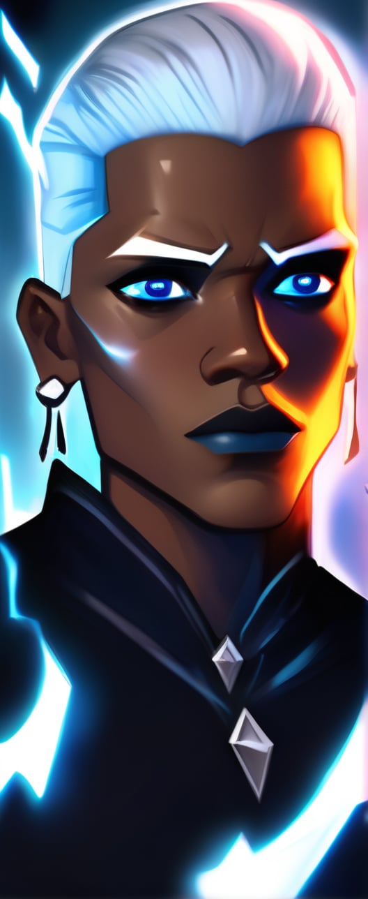 solo, blue eyes, 1boy, jewelry, white hair, male focus, earrings, parted lips,  signature, dark skin, glowing, dark-skinned male, portrait, glowing eyes, hoop earrings, white eyes, no pupils, very dark skin

The image is a digital artwork of a stylized male character with punk-inspired features. The blue lightning-like patterns suggest energy or power. There's no background story provided within the image itself,

K-Eyes