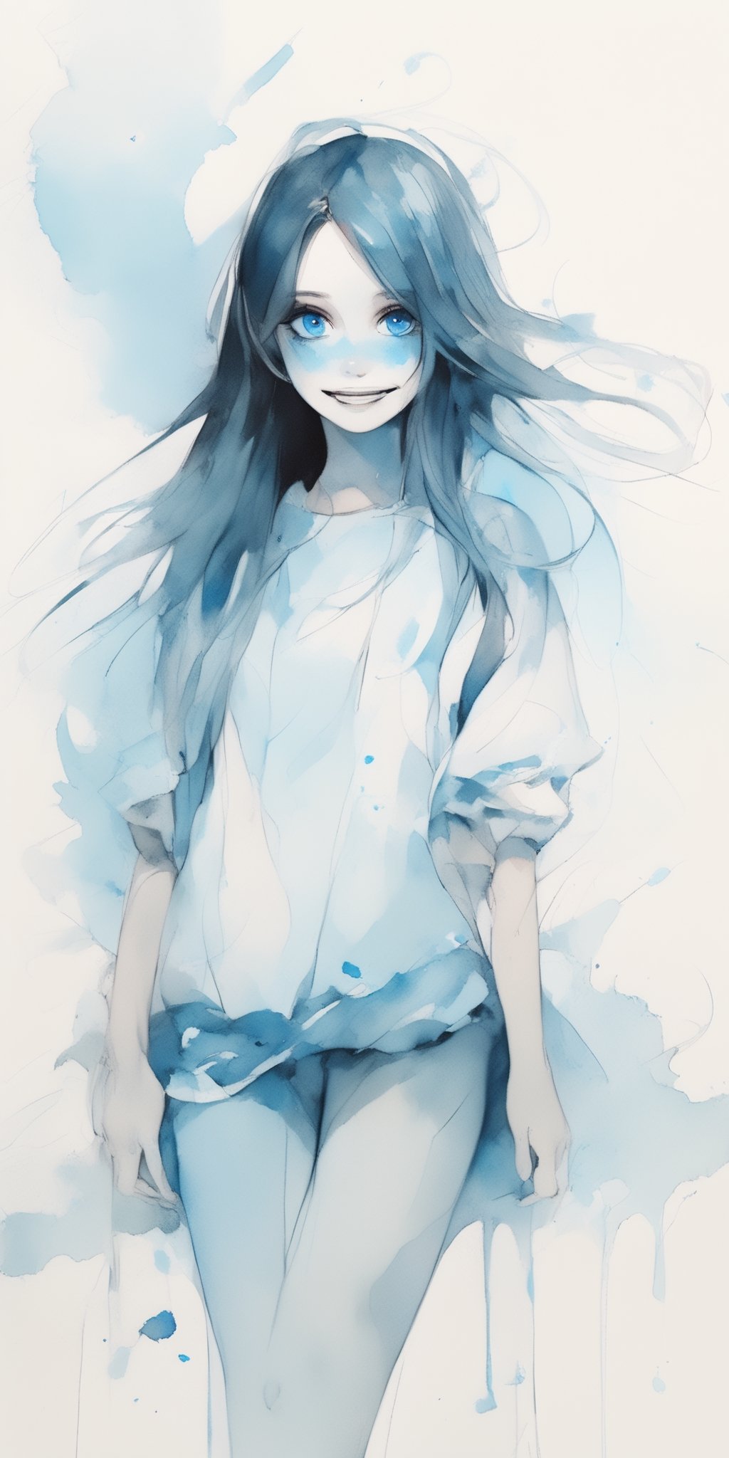 extremely beautiful anime girl, 25 yo, cyan_body, full body, in the style of nicola samori, blue eyes, long dark hair, smiling at viewer,dramaticwatercolor,K-Eyes