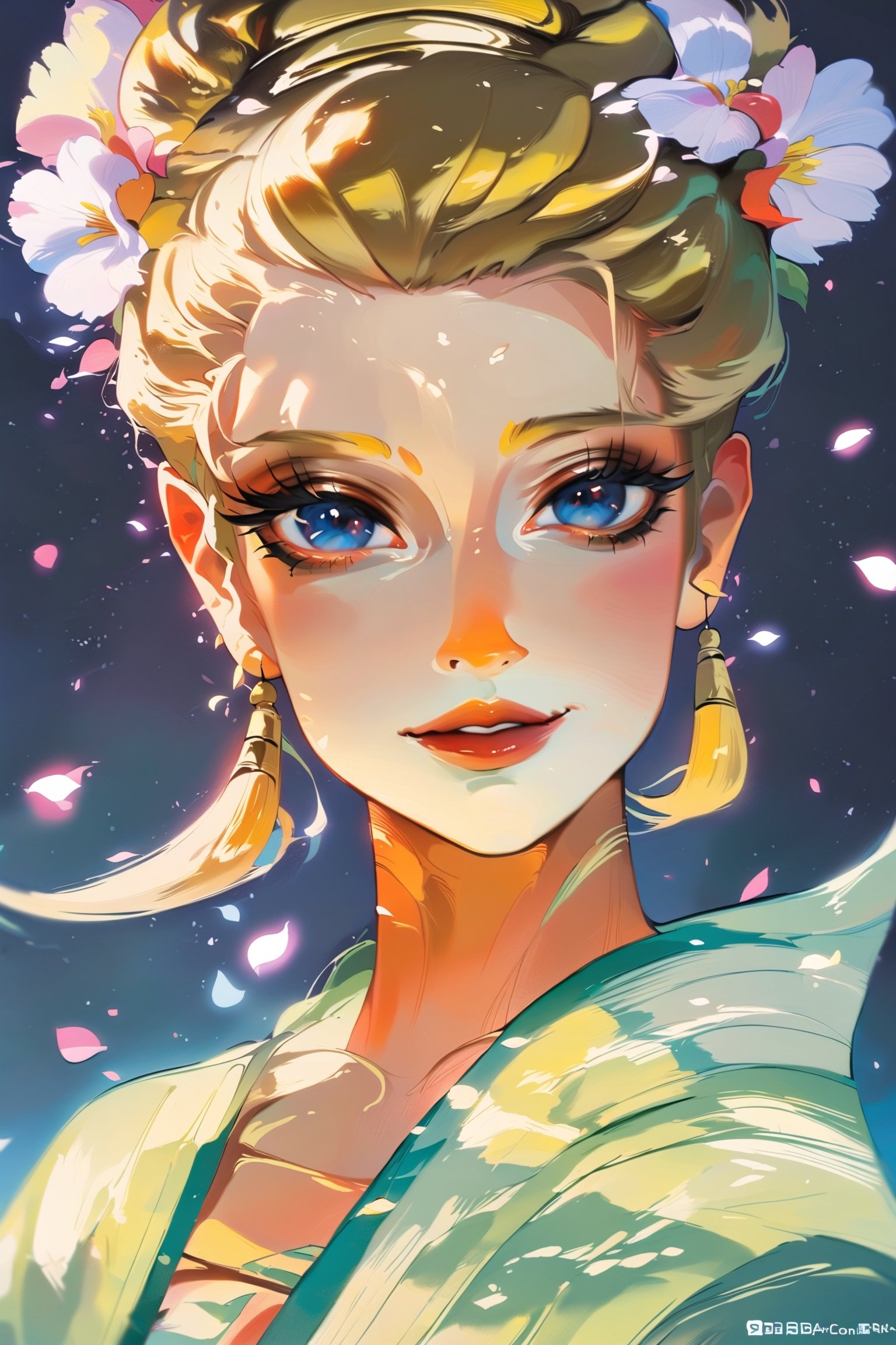 A beautiful flirtatiously smiling woman, a very busty ronin wearing gold lace kimono, Meiji restoration, blue eyes, yojimbo, cleavage, bare shoulders, masterpiece, best quality, extremely delicate and beautiful, highres, original, intricate hairstyle, a view from the side and above, large anime eyes, realistic eyes, highly detailed eyes, natural skin, natural skin texture, subsurface scattering, muted colors, skin pores, perfect face, perfect eyes, perfect full lips, supple female form, vivid, cinematic, Film light,painted world, K-Eyes, colorful splashes