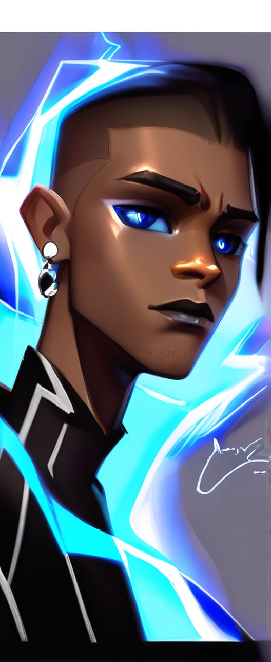 solo, blue eyes, 1boy, jewelry, white hair, male focus, earrings, parted lips,  signature, dark skin, glowing, dark-skinned male, portrait, glowing eyes, hoop earrings, white eyes, no pupils, very dark skin

The image is a digital artwork of a stylized male character with punk-inspired features. The blue lightning-like patterns suggest energy or power. There's no background story provided within the image itself,

K-Eyes