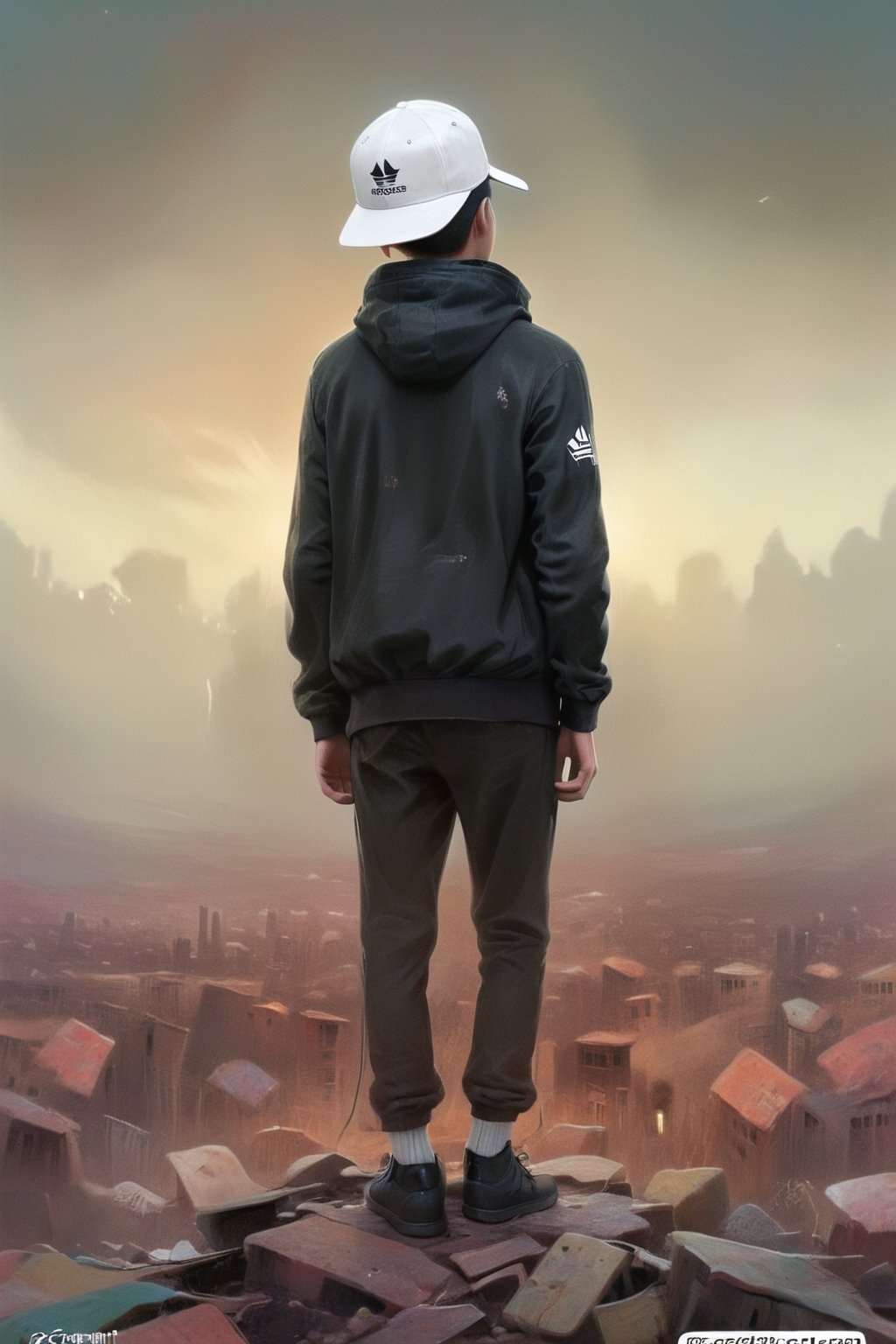 dystopian style,  beautiful (A guy in a black adidas sports jacket and a white baseball cap),  against the background of t...
