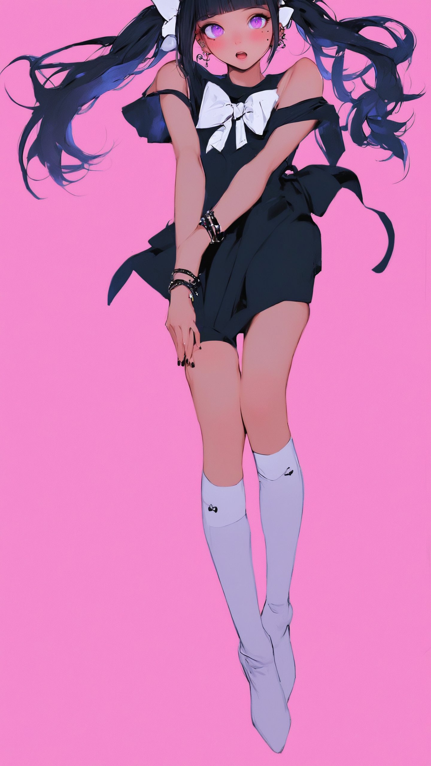 STICKER ON A WHITE BACKGROUND. green holographic silhouette, knee socks.
1girl, solo, long hair, looking at viewer, blush, open mouth, bangs, simple background, black hair, dress, bow, ribbon, twintails, jewelry, purple eyes, upper body, short sleeves, hair bow, heart, earrings, blunt bangs, nail polish, mole, :o, black dress, bracelet, mole under eye, piercing, pink background, white bow, ear piercing, shoulder cutout.
photo shoot, photo_realism, motion blur, nuance.
(dynamic view, photoshoot, golden hour, warm sunset lighting, shadows and dynamic lighting, soft lighting), dynamic view, splitter effect, waifu. Stylish. Cute, hot, shiny. Highly detailed uhd wallpaper, cel digital animation

,neon photography style, K-Eyes, score_9, score_8_up, score_7_up, score_6_up, score_5_up, score_4_up, just describe what you want, tag1, tag2,perfect eyes,detailed skin,skin blemish