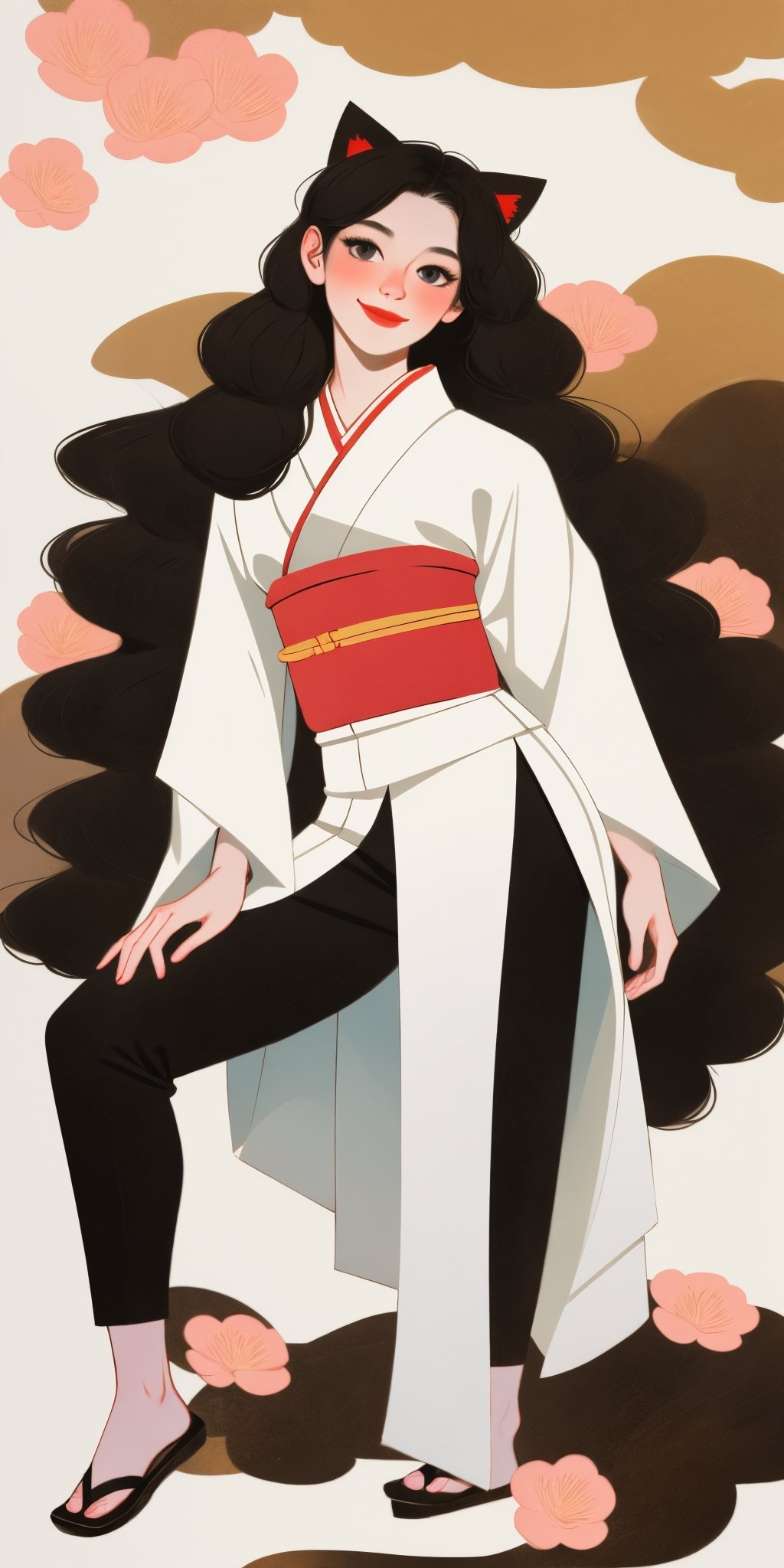 (full body portrait of a Japanese girl in the style of Conrad Roset, Nicola Samori), (extra long shiny black curly hair, cat ears), (pure white kimono:1.6), light smile, more detail XL,K-Eyes