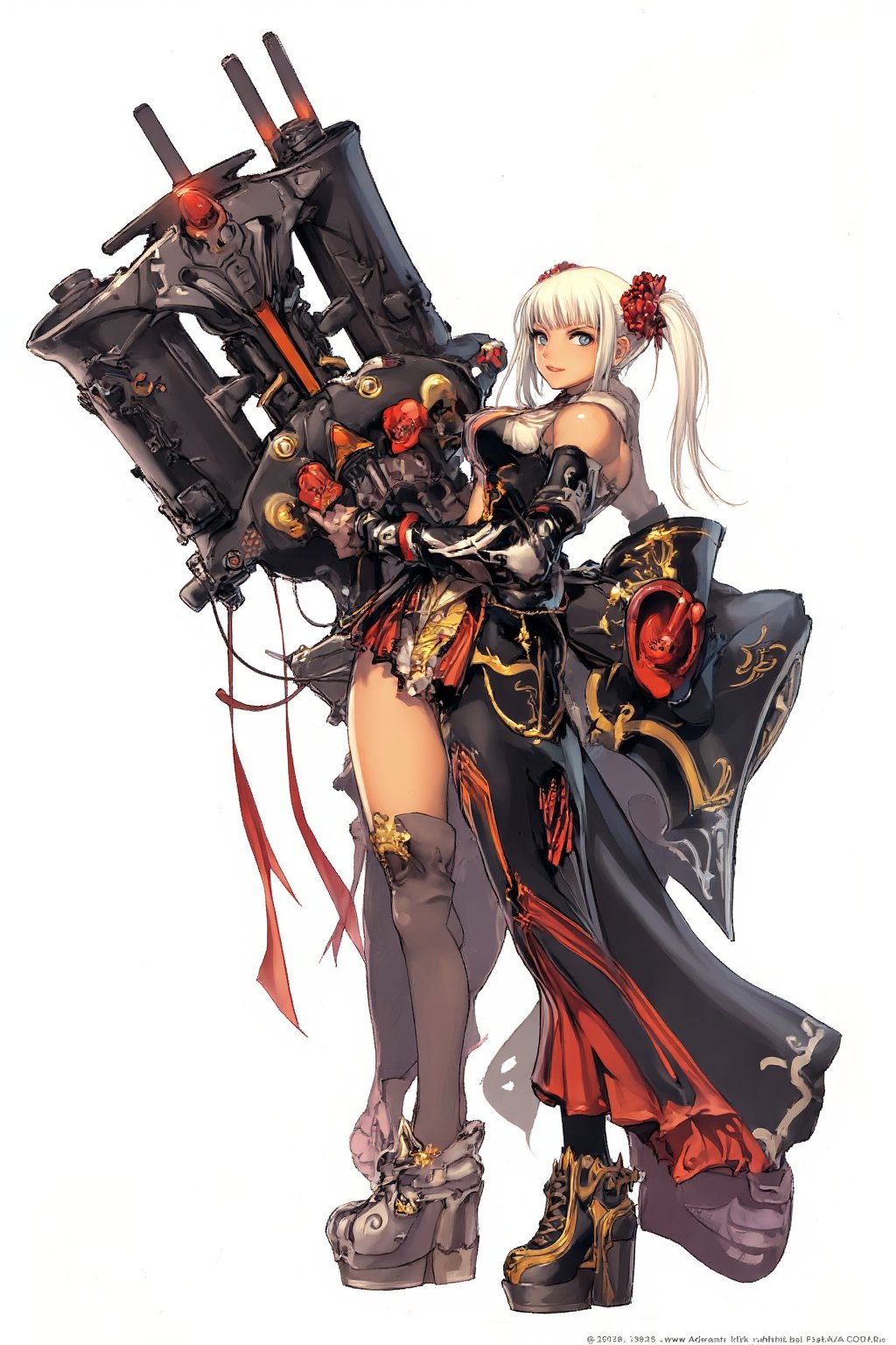 1girl,Anime-style illustration of a fierce young woman, wielding an enormous gatling gun, Character: dual-colored hair, (white and gold twintails), red flower accessories,Outfit: black and red dress with goth-inspired details, thigh-high boots. Expression: determined, slightly cocky smile,Pose: dynamic, holding massive weapon, body turned slightly,
Gatling gun: oversized, futuristic design. Black metal body with red accents and glowing parts. Multiple rotating barrels, complex mechanical details. Gun larger than the character herself,
Color scheme: primarily black and red with white accents,Style: highly detailed anime art, clean lines, emphasis on mechanical designs. Background: plain white, focus entirely on character and weapon.
Additional details: red ribbon-like elements flowing from dress and gun, intricate patterns on clothing and weapon, slight metallic sheen on gun parts. Overall impression: powerful, stylish fusion of traditional Asian aesthetics with futuristic weaponry.,Anime Style,fantasy girl,\mechako\, plasma gun