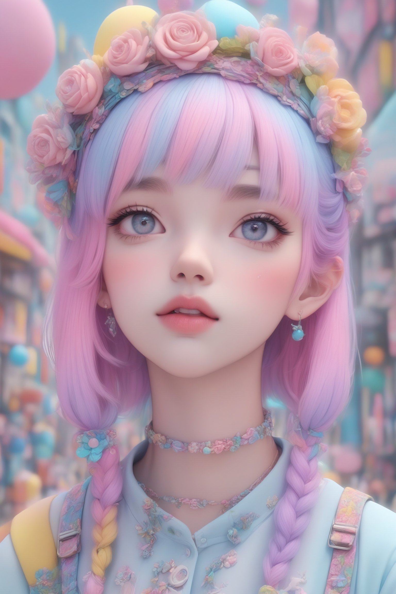 1girl kawaii intricate Harajuku fashion, pastel dyed hair, kawaii headband, 24mm, 4k textures, soft cinematic light, adobe lightroom, photolab, hdr, intricate, highly detailed, sharp focus, soothing tones, insane details, intricate details, hyperdetailed, low contrast, soft cinematic light, 3d, K-Eyes,K-Eyes,3d,3d_art,3d_style