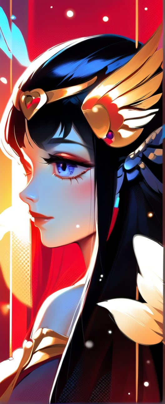 Create a highly detailed UHD wallpaper featuring a solo girl with long black hair, blue eyes, and medium breasts. She has long eyelashes, blush, and bangs, adorned with hair ornaments and jewelry. She wears armor with wings, gem, and a headpiece, looking at the viewer with parted red lips and freckles. The scene is captured in a dynamic view with a splitter effect, styled in a retro artstyle with halftone effect. The lighting is cinematic, using two-tone lighting and warm sunset lighting during golden hour, with soft lighting, shadows, and dynamic lighting. The image is rendered in Octane Render with HDR, anisotropic filtering, depth-of-field, and maximum clarity and sharpness, resembling an analog 8mm film with chromatic aberration and DVD screengrab.