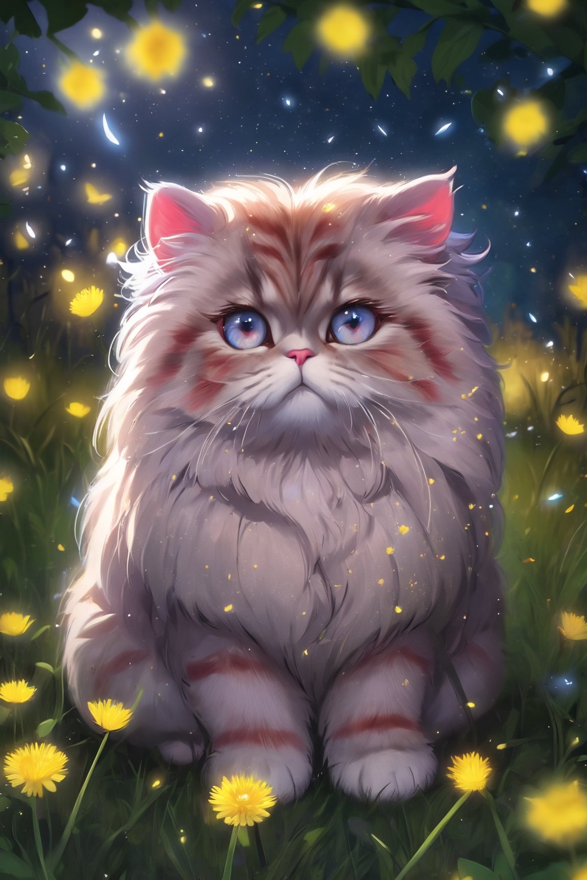 Realistic Persian cat, red striped, blue eyes with golden sparks, a wreath of dandelions on his head, in the background a night garden of dandelions with glowing little fireflies, divine lighting, cute, 4k, unreal engine 5, K-Eyes