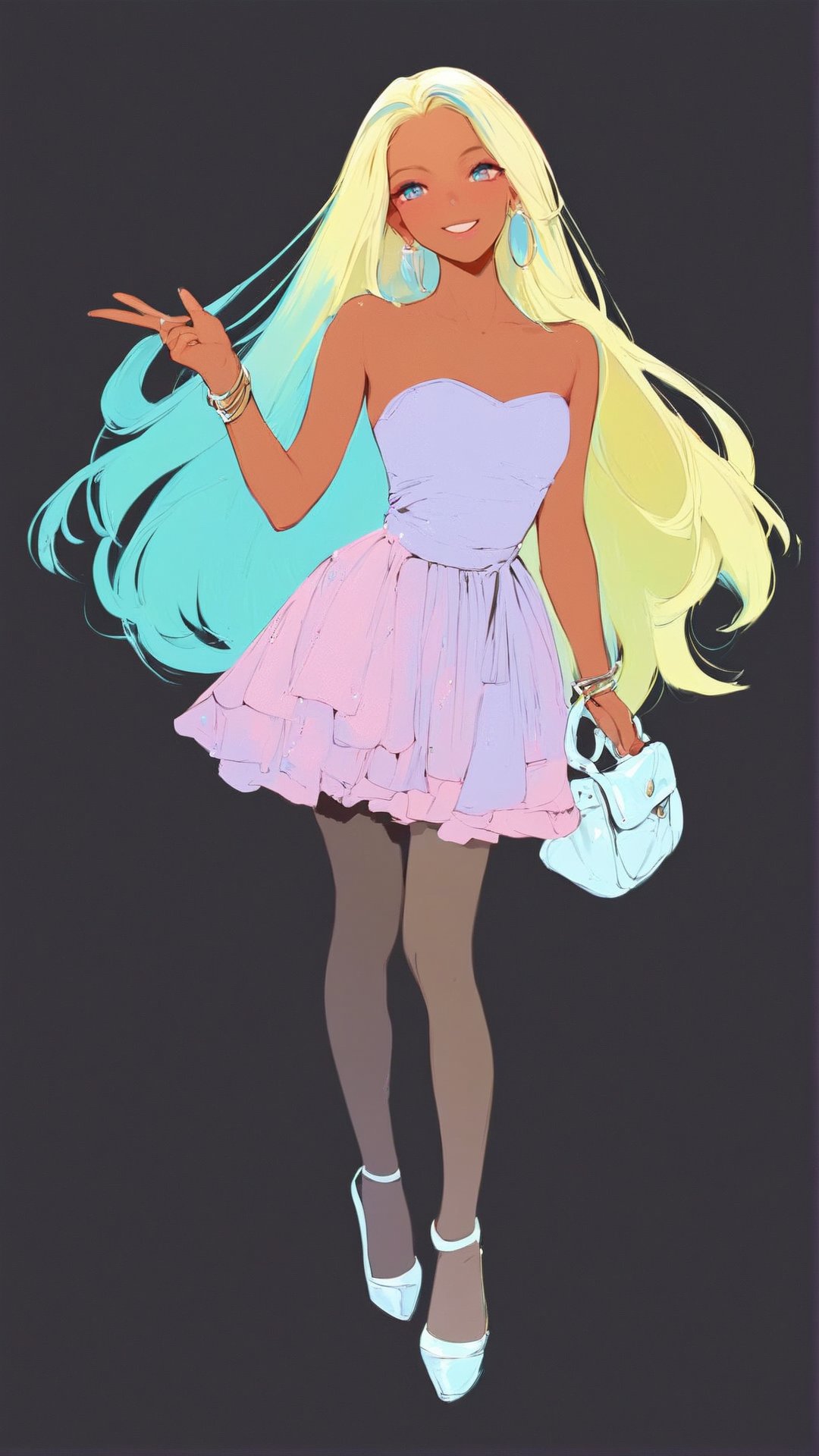 STICKER ON A WHITE BACKGROUND. green holographic silhouette, knee socks.
1girl, solo, long hair, smile, blonde hair, simple background, dress, holding, jewelry, very long hair, full body, pantyhose, earrings, dark skin, bag, high heels, bracelet, dark-skinned female, strapless, black background, handbag, holding bag.
photo shoot, photo_realism.
dynamic view, shadows and dynamic lighting, soft lighting, dynamic view, splitter effect, waifu. Stylish. Cute, hot, shiny. Highly detailed uhd wallpaper, cel digital animation

,neon photography style,K-Eyes,score_9,score_8_up,score_7_up,