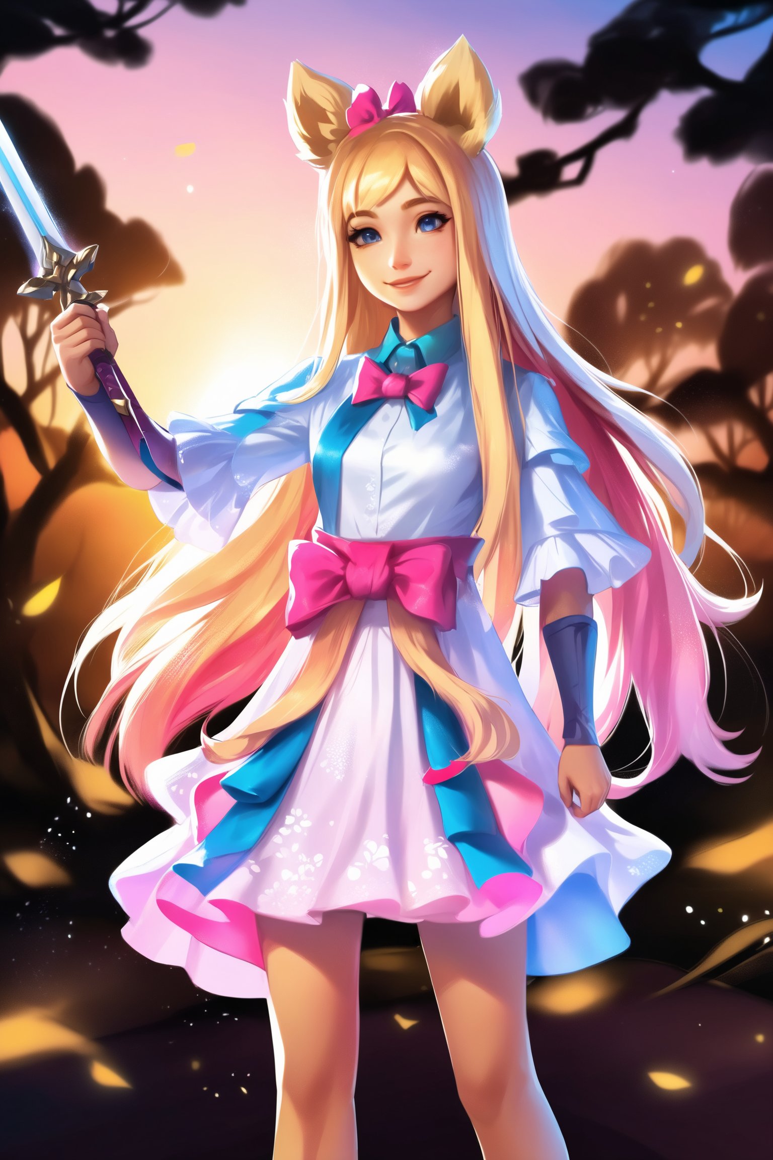 Envision a dynamic photoshoot scene at golden hour, featuring a solo furry girl with long, multicolored hair streaked in blue and pink, blending into blonde highlights. She has animal ears and wears a frilled dress adorned with a bow, standing under warm sunset lighting that casts soft shadows. The girl, a virtual YouTuber, holds a sword in a sheath, her expression a confident smile as she looks directly at the viewer. The setting is a serene outdoor location with a tree, the lighting enhancing the dynamic view, possibly using a splitter effect to capture the action and interplay of light and shadow.