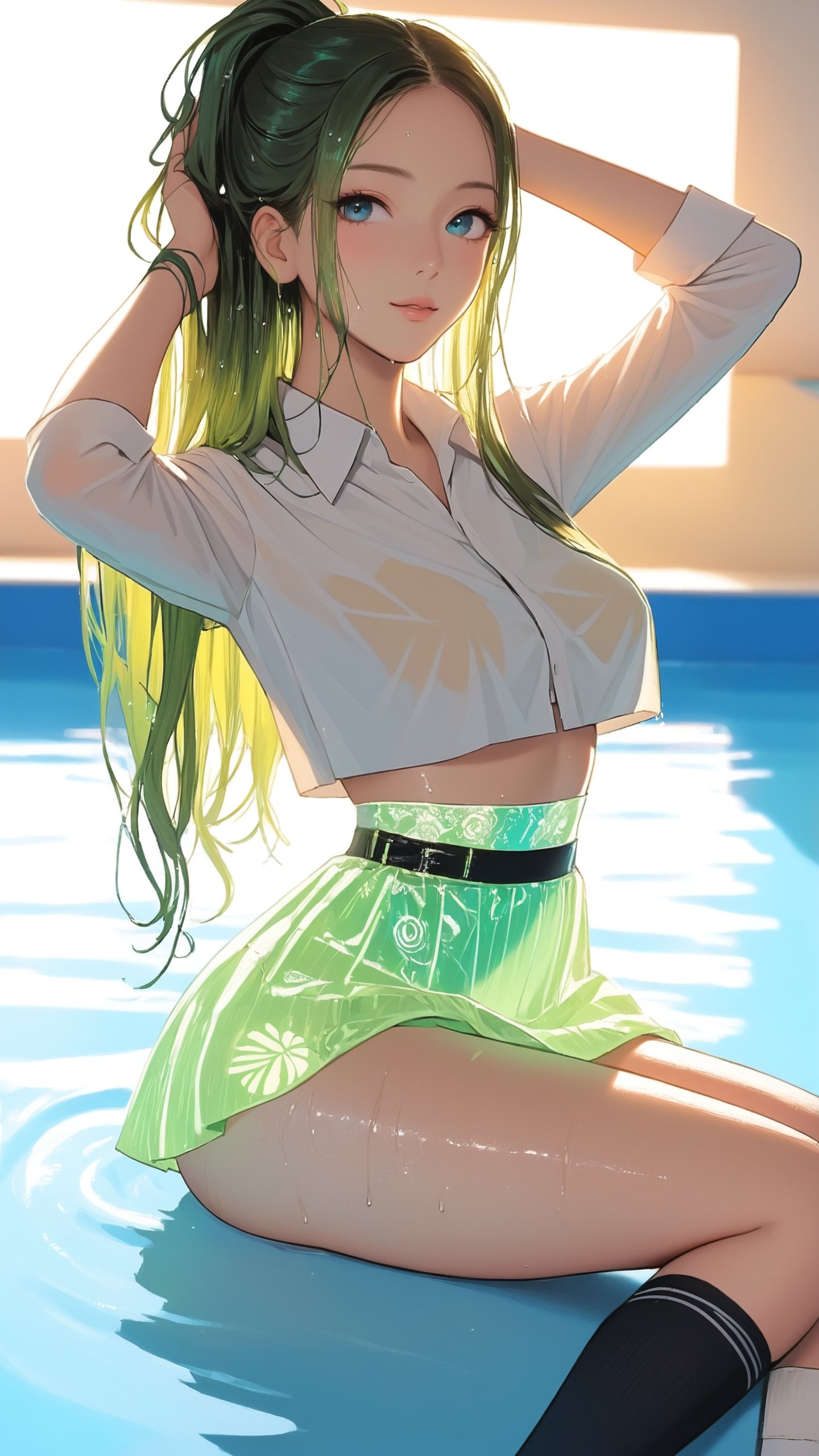 STICKER ON A WHITE BACKGROUND. green holographic silhouette,  knee socks. 1girl,  black long hair by Drauka on Tensor.Art