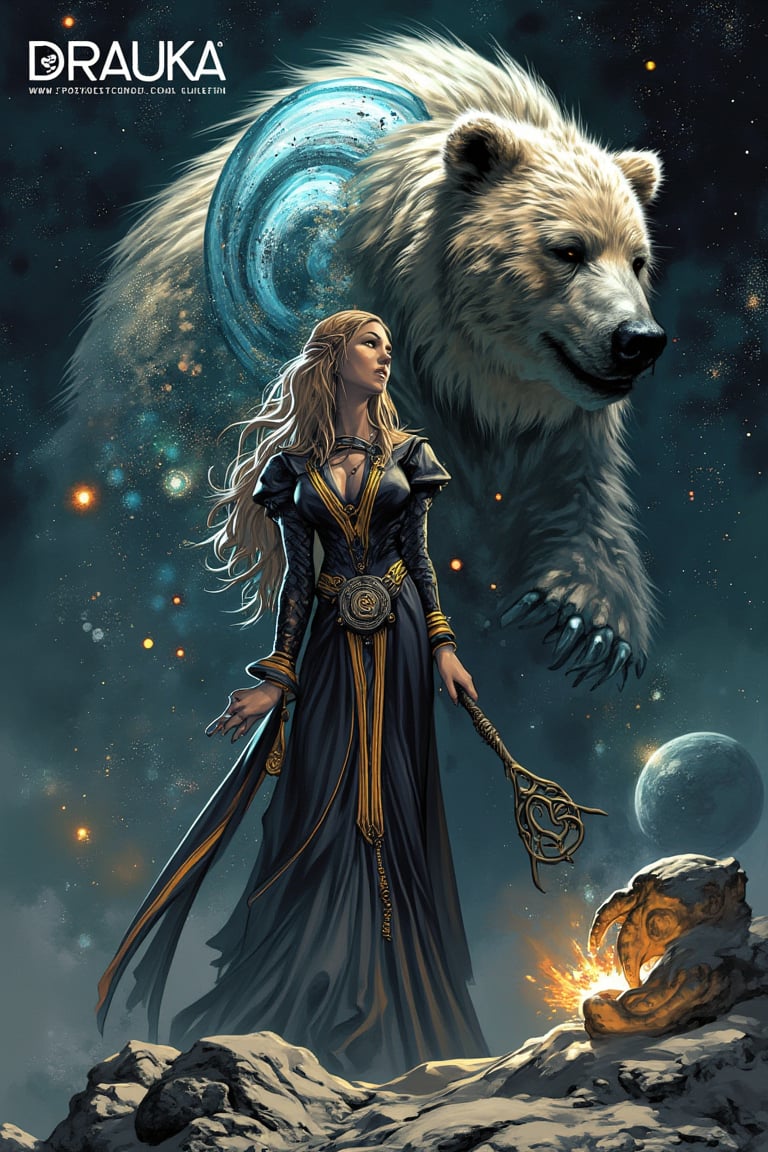 Celtic Goddess Andarta whom is a great and powerful bear and behind her is the great glorious cosmos,

The word "DRAUKA" is written in a bold font at the top left of the image
ct-pop2,cyberpunk