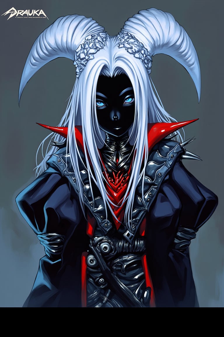 source_furry, solo, Tiefling, vivid blue eyes, white long ghostly horns, white jagged hair, black skin, and jagged reaper robe with red spiked collar,

The word "DRAUKA" is written in a bold font at the top left of the image
ct-pop2,cyberpunk