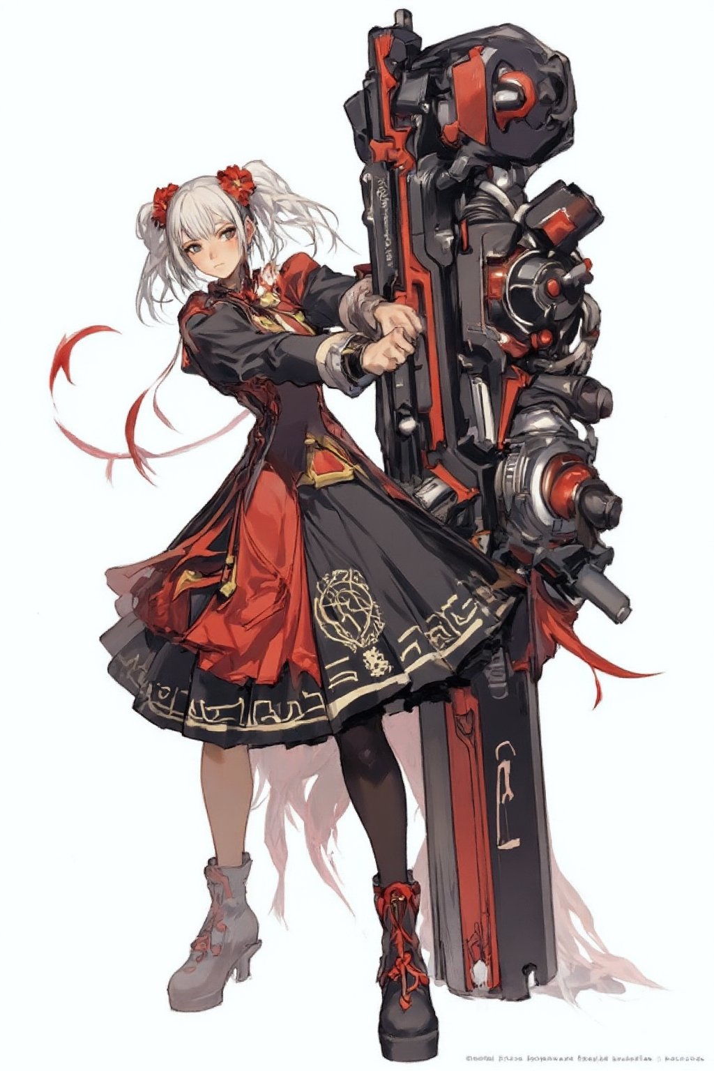 1girl,Anime-style illustration of a fierce young woman, wielding an enormous gatling gun, Character: dual-colored hair, (white and gold twintails), red flower accessories,Outfit: black and red dress with goth-inspired details, thigh-high boots. Expression: determined, slightly cocky smile,Pose: dynamic, holding massive weapon, body turned slightly,
Gatling gun: oversized, futuristic design. Black metal body with red accents and glowing parts. Multiple rotating barrels, complex mechanical details. Gun larger than the character herself,
Color scheme: primarily black and red with white accents,Style: highly detailed anime art, clean lines, emphasis on mechanical designs. Background: plain white, focus entirely on character and weapon.
Additional details: red ribbon-like elements flowing from dress and gun, intricate patterns on clothing and weapon, slight metallic sheen on gun parts. Overall impression: powerful, stylish fusion of traditional Asian aesthetics with futuristic weaponry.,Anime Style,fantasy girl,\mechako\, plasma gun