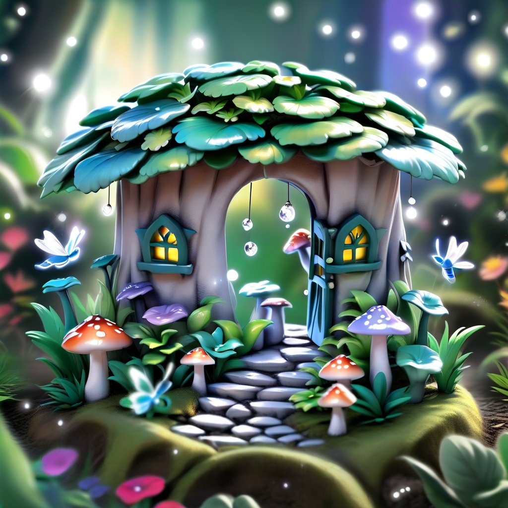 Create an enchanting scene of a whimsical fairy garden, where delicate plants and tiny mushrooms are adorned with sparkling dewdrops under a soft morning light. The composition features glittering dragonflies hovering playfully, their wings shimmering with iridescent colors. The setting is a lush, miniature landscape with a magical, dreamlike atmosphere, inviting viewers to explore the hidden wonders of this miniature realm.