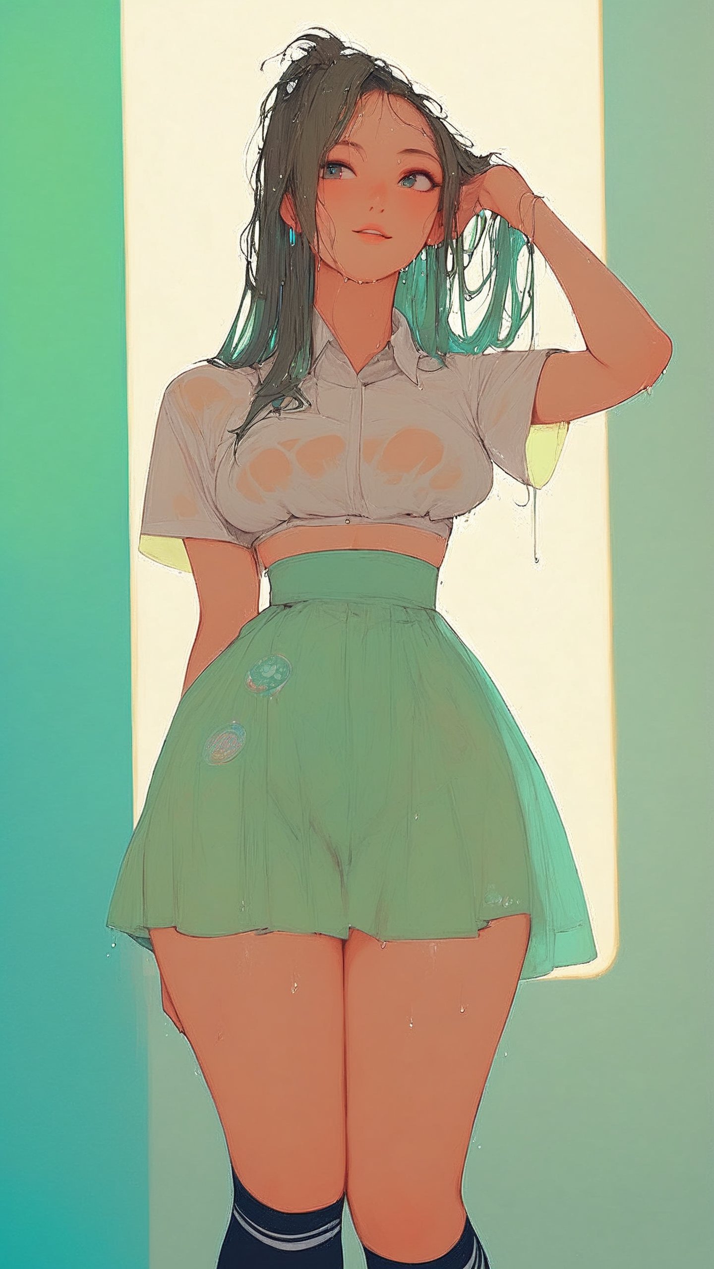 STICKER ON A WHITE BACKGROUND. green holographic silhouette,  knee socks. 1girl,  black long hair by Drauka on Tensor.Art