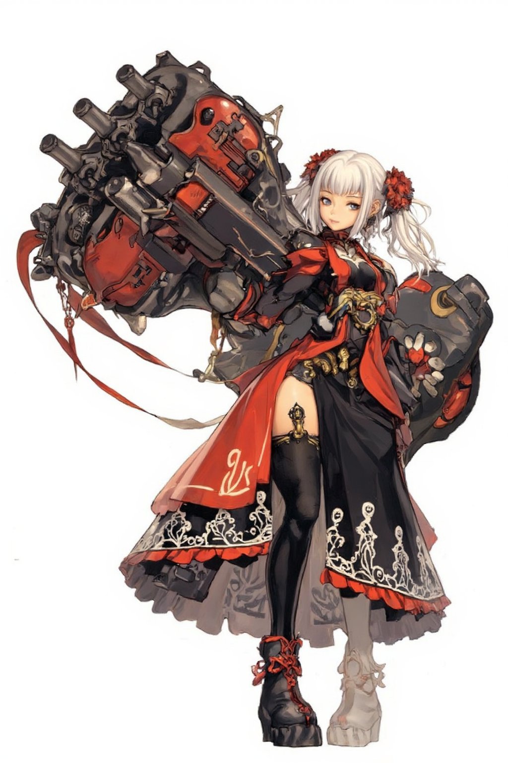 1girl,Anime-style illustration of a fierce young woman, wielding an enormous gatling gun, Character: dual-colored hair, (white and gold twintails), red flower accessories,Outfit: black and red dress with goth-inspired details, thigh-high boots. Expression: determined, slightly cocky smile,Pose: dynamic, holding massive weapon, body turned slightly,
Gatling gun: oversized, futuristic design. Black metal body with red accents and glowing parts. Multiple rotating barrels, complex mechanical details. Gun larger than the character herself,
Color scheme: primarily black and red with white accents,Style: highly detailed anime art, clean lines, emphasis on mechanical designs. Background: plain white, focus entirely on character and weapon.
Additional details: red ribbon-like elements flowing from dress and gun, intricate patterns on clothing and weapon, slight metallic sheen on gun parts. Overall impression: powerful, stylish fusion of traditional Asian aesthetics with futuristic weaponry.,Anime Style,fantasy girl,\mechako\, plasma gun