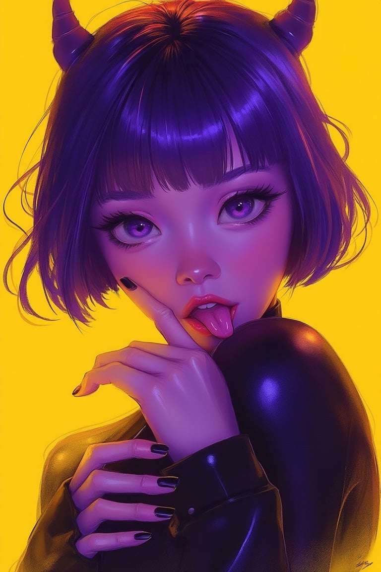 hntdlnwrk style, aesthetic, mad-vprwv cyberpunk,

A digital art painting of a woman, core_9,score_8_up,score_7_up,score_6_up, 1girl, solo, tongue, purple eyes, tongue out, bangs, looking at viewer, makeup, black nails, short hair, purple hair, fang, portrait, nail polish, bob cut, eyeliner, close-up, oni horns, yellow background, eyeshadow, eyelashes, short eyebrows, fingernails, blunt bangs, open mouth, finger to mouth, thick eyebrows.

neon, vaporwave.

art, colored pencil, sketch, painting, paper texture,art_solyanka,SKP-highly detailed,SamYoung_Illustration,fluxtration